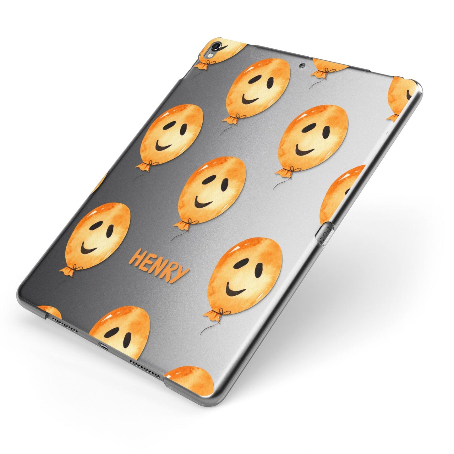 Orange Halloween Balloon Face Apple iPad Case on Grey iPad Side View