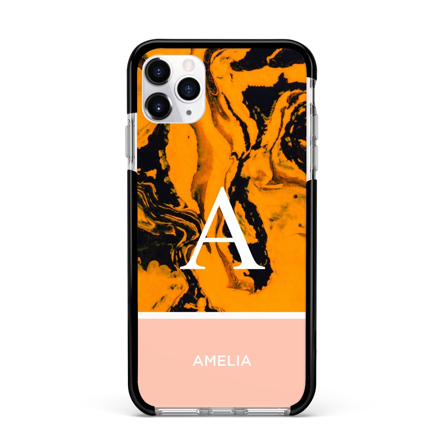Orange Marble Personalised Apple iPhone 11 Pro Max in Silver with Black Impact Case