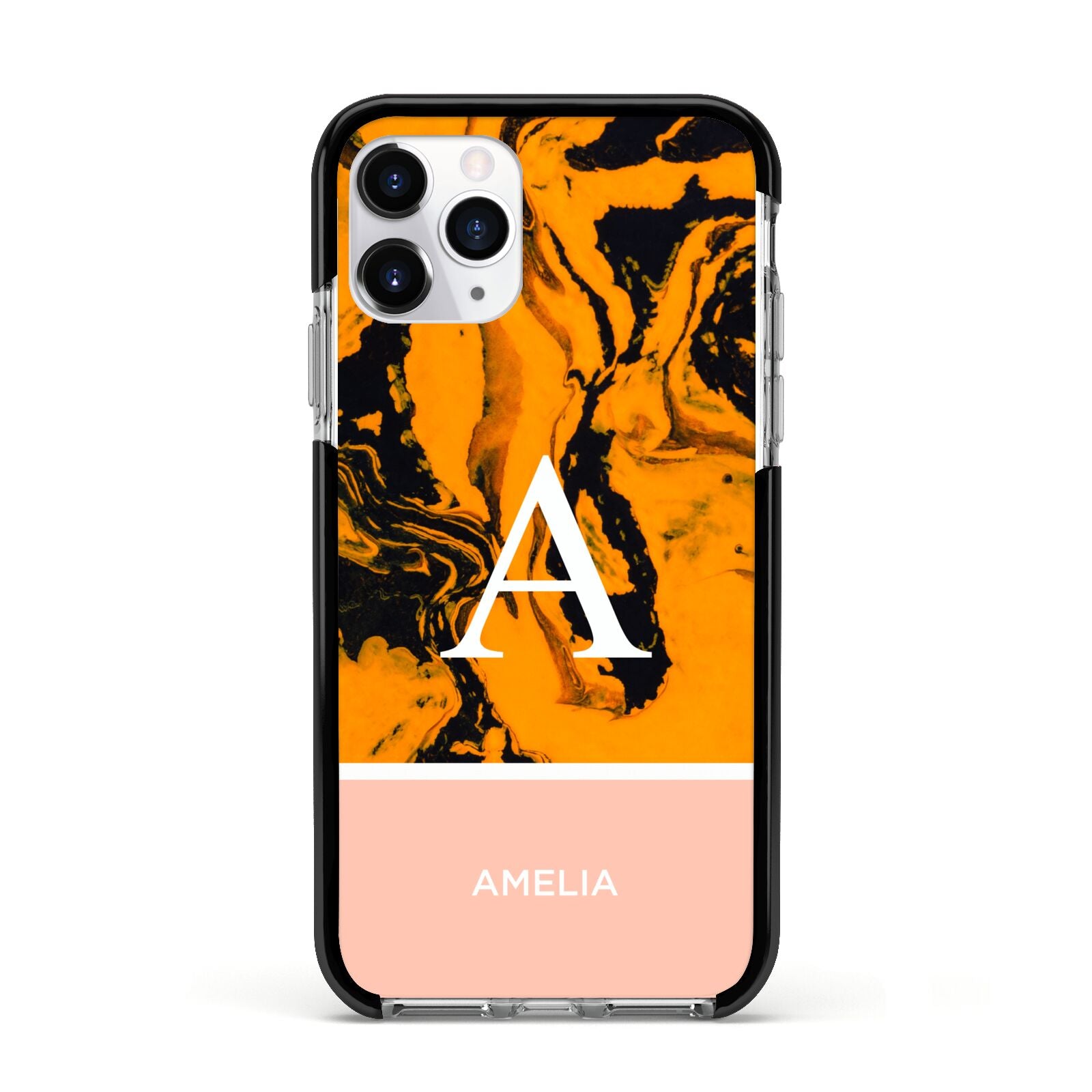 Orange Marble Personalised Apple iPhone 11 Pro in Silver with Black Impact Case