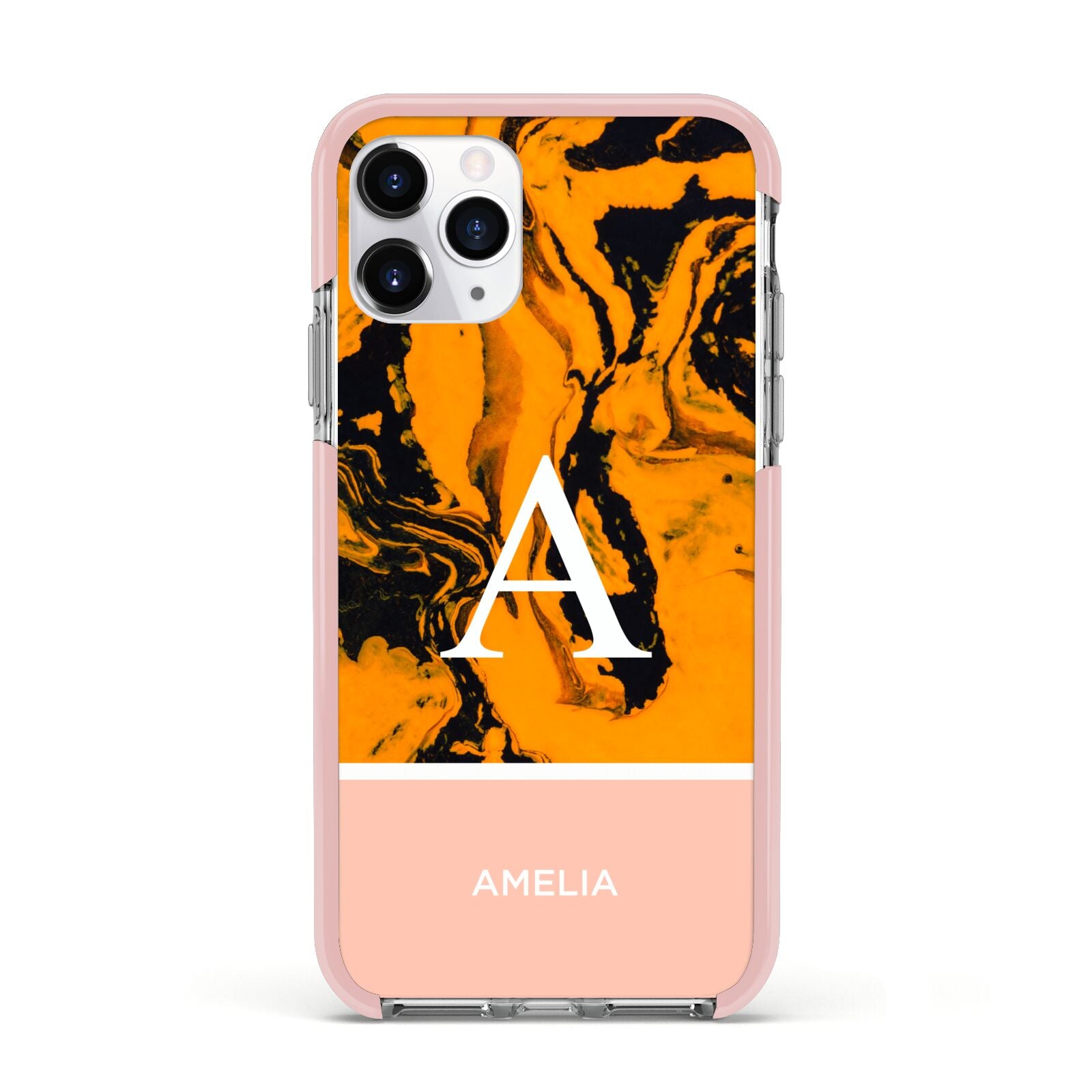 Orange Marble Personalised Apple iPhone 11 Pro in Silver with Pink Impact Case