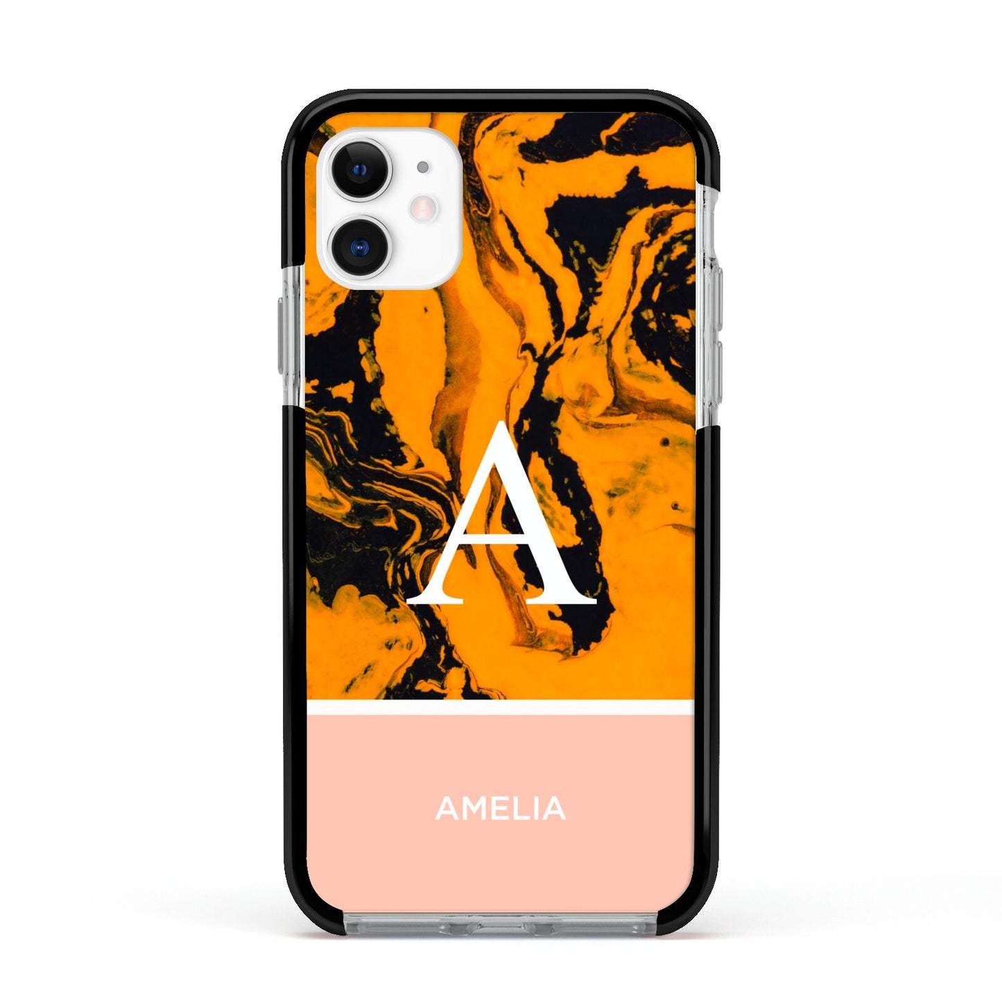 Orange Marble Personalised Apple iPhone 11 in White with Black Impact Case