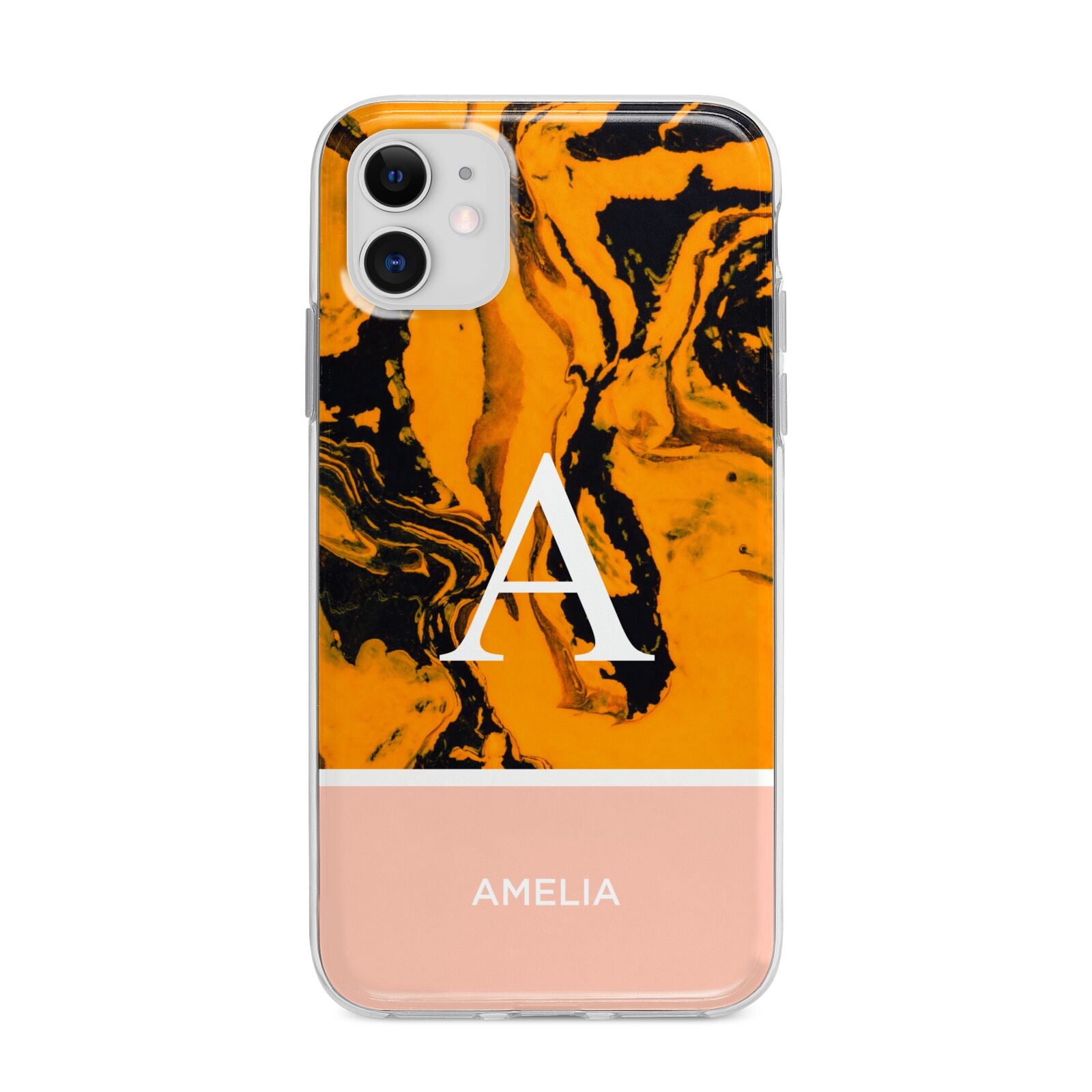Orange Marble Personalised Apple iPhone 11 in White with Bumper Case