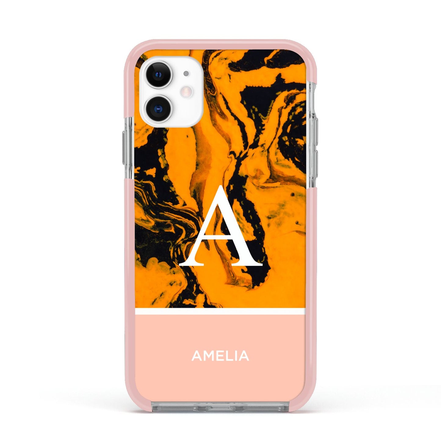 Orange Marble Personalised Apple iPhone 11 in White with Pink Impact Case