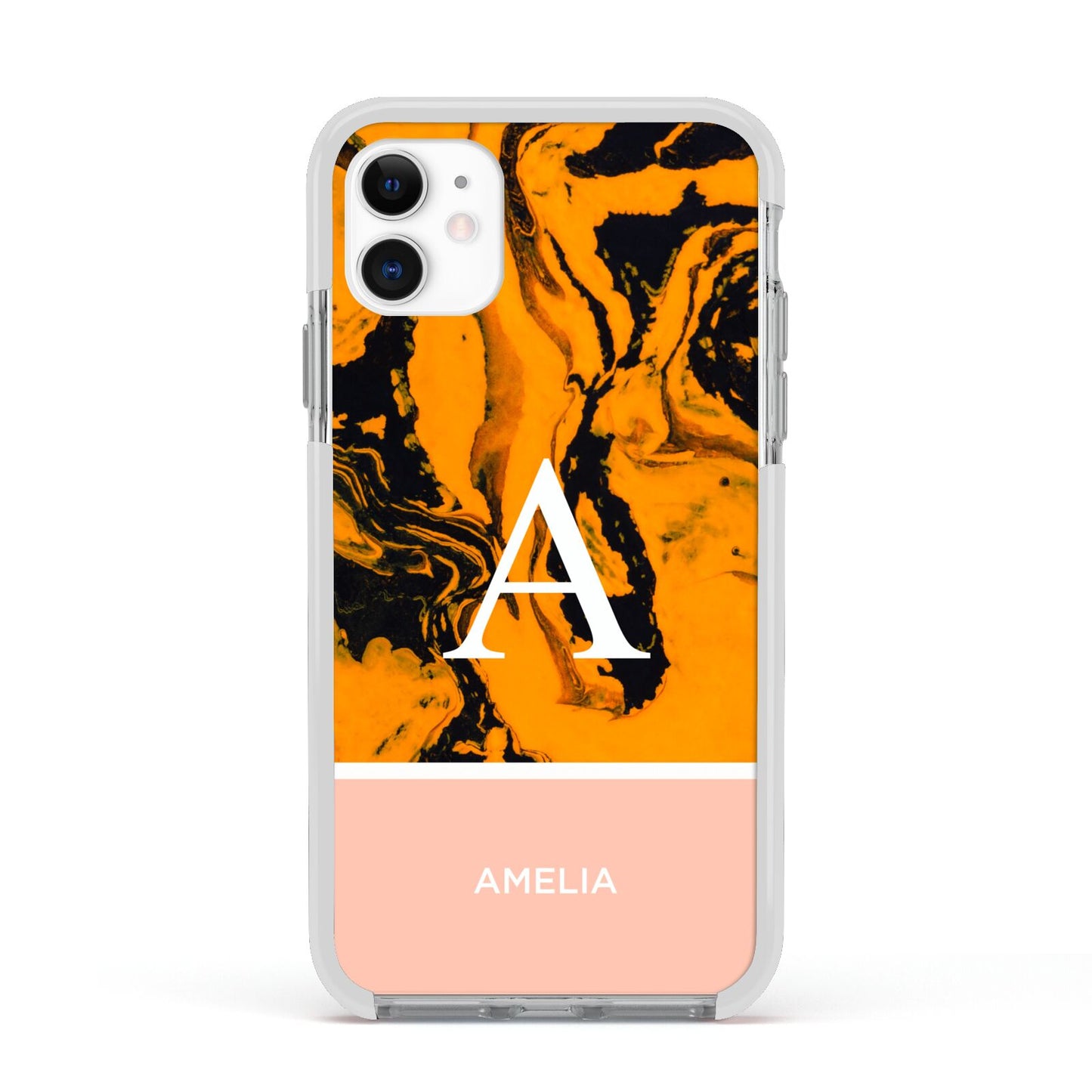 Orange Marble Personalised Apple iPhone 11 in White with White Impact Case