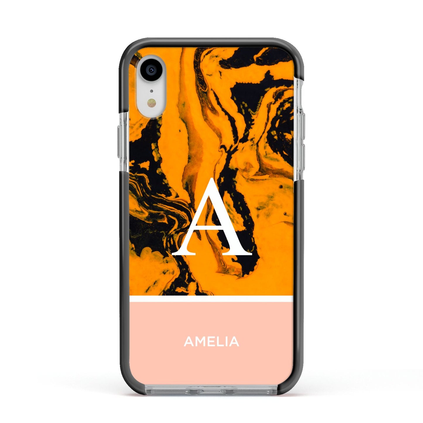 Orange Marble Personalised Apple iPhone XR Impact Case Black Edge on Silver Phone
