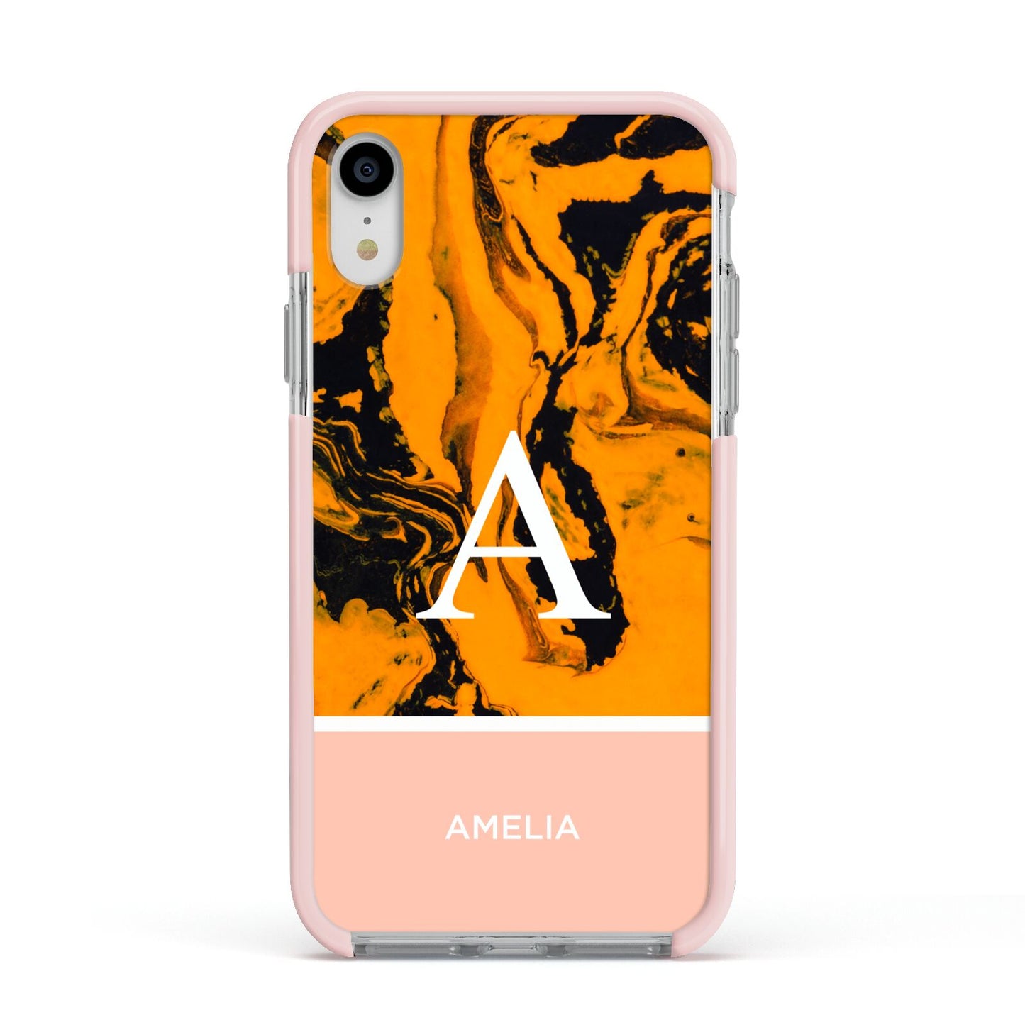 Orange Marble Personalised Apple iPhone XR Impact Case Pink Edge on Silver Phone