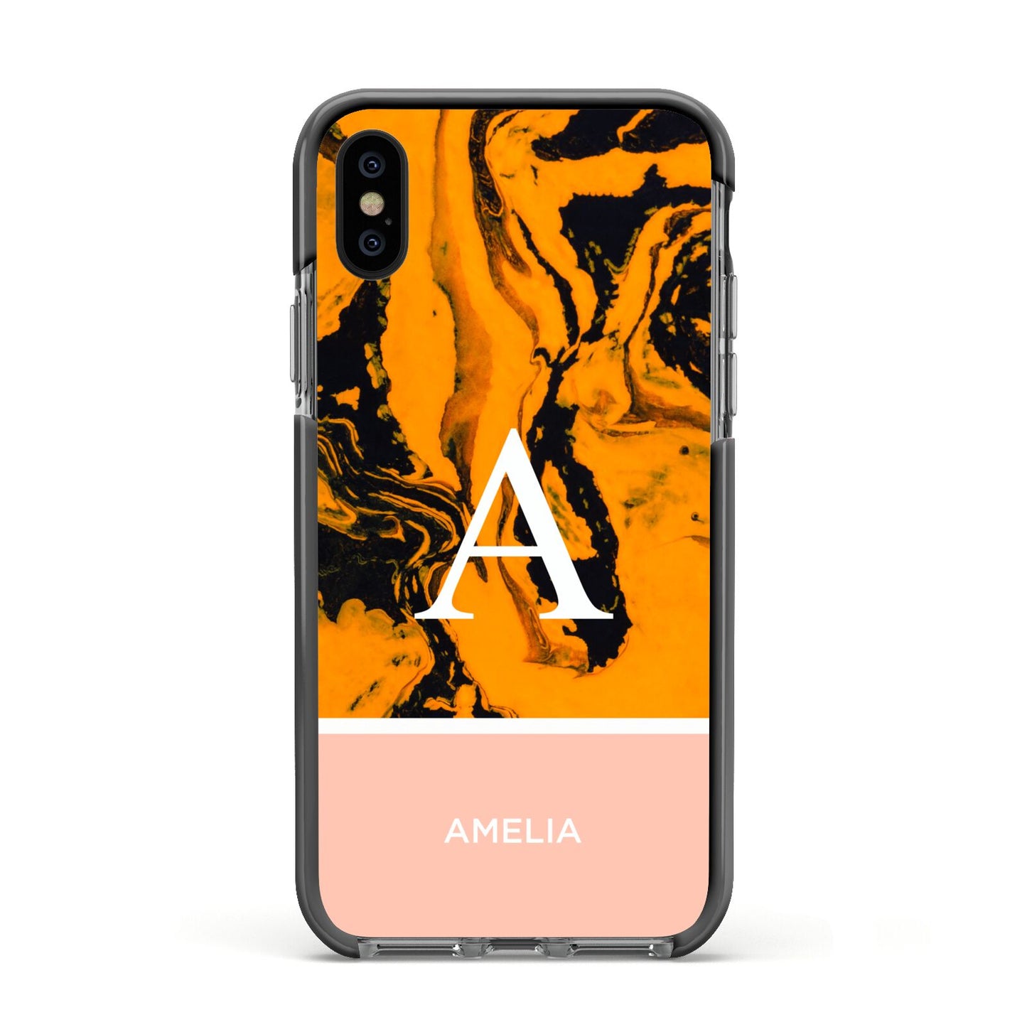 Orange Marble Personalised Apple iPhone Xs Impact Case Black Edge on Black Phone