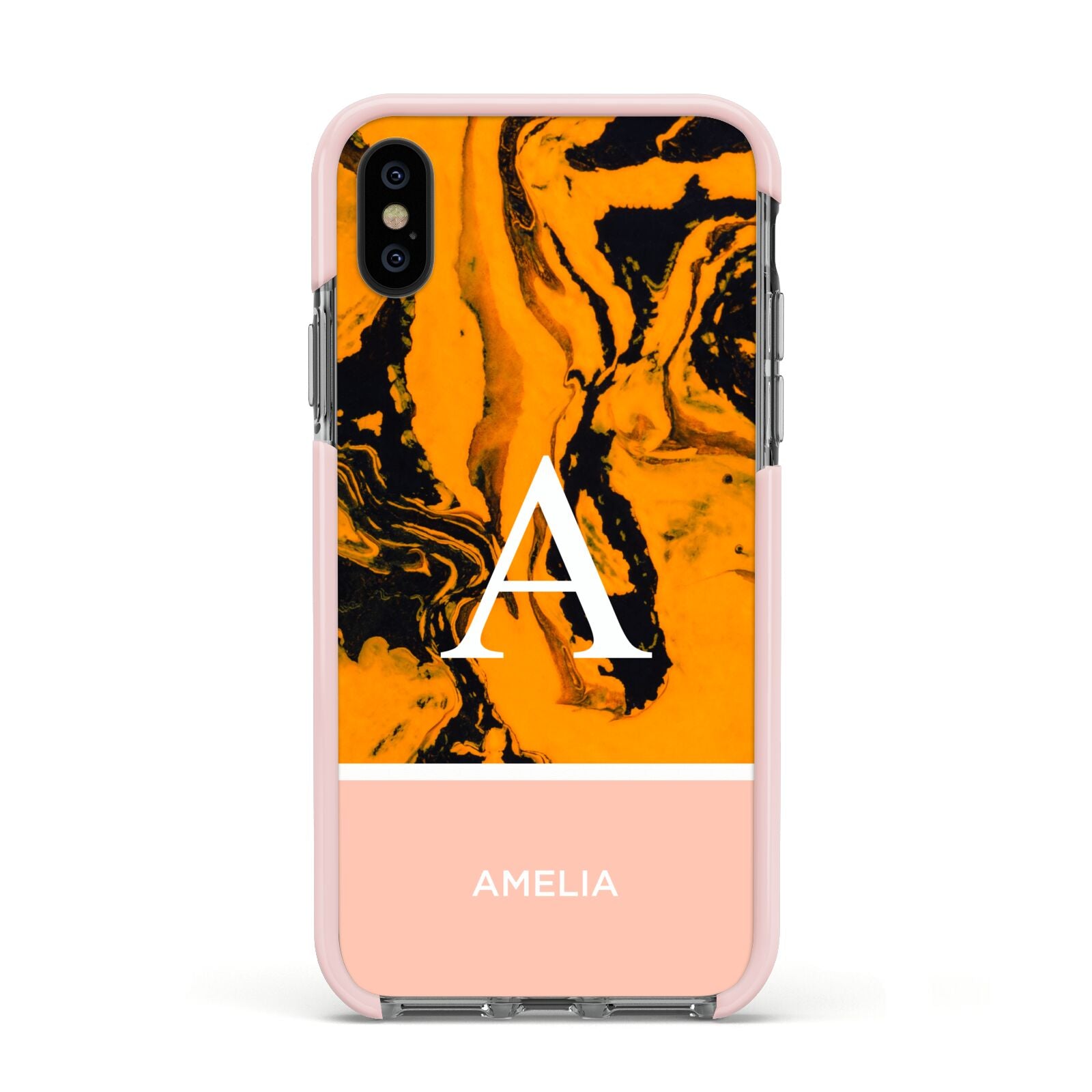 Orange Marble Personalised Apple iPhone Xs Impact Case Pink Edge on Black Phone