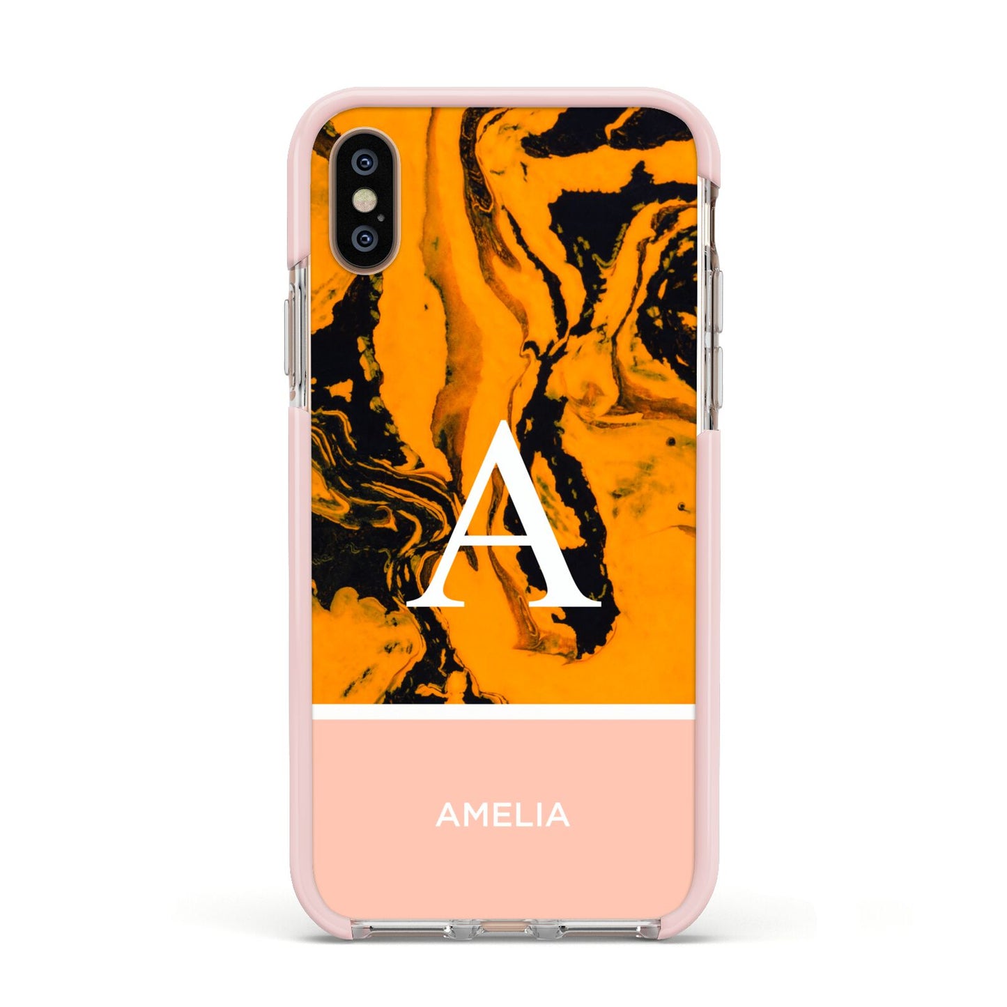 Orange Marble Personalised Apple iPhone Xs Impact Case Pink Edge on Gold Phone