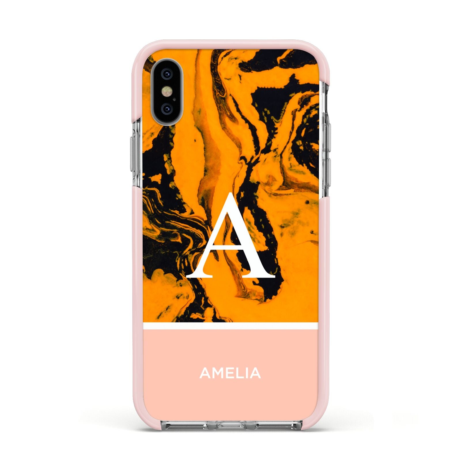 Orange Marble Personalised Apple iPhone Xs Impact Case Pink Edge on Silver Phone