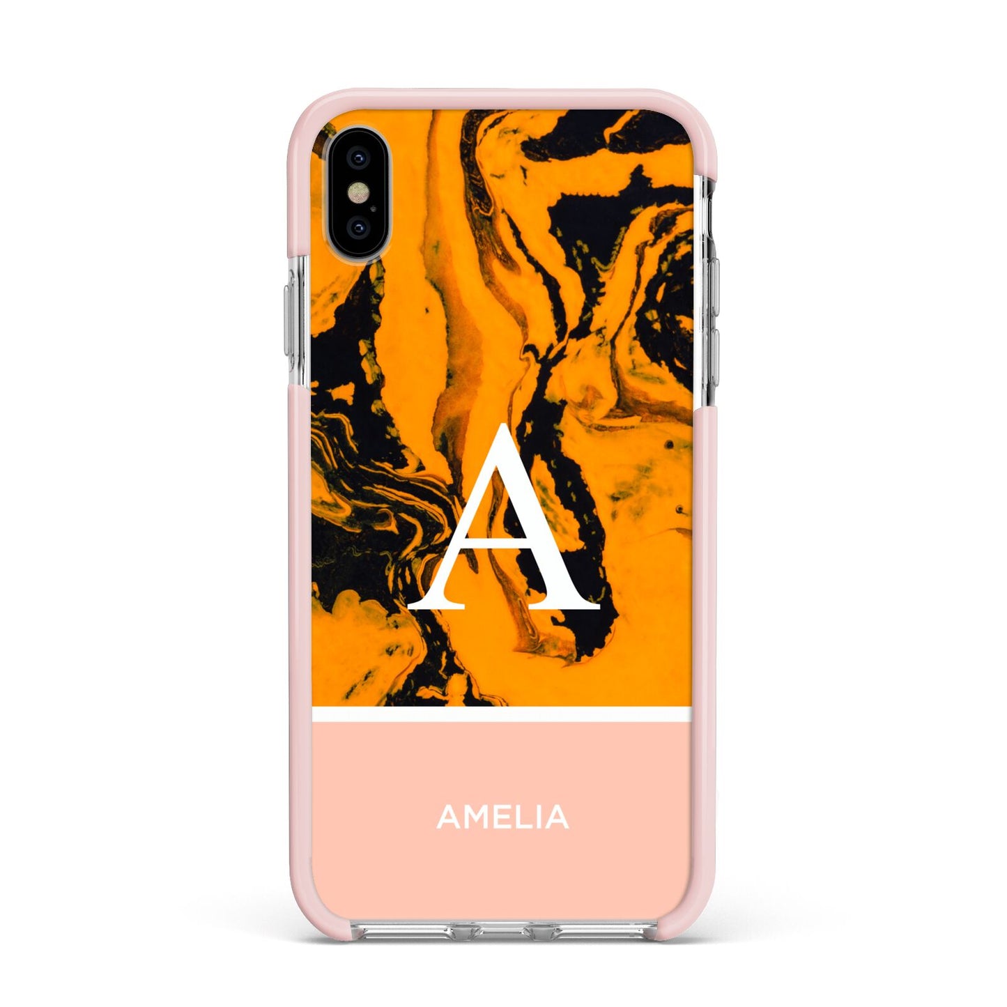 Orange Marble Personalised Apple iPhone Xs Max Impact Case Pink Edge on Silver Phone