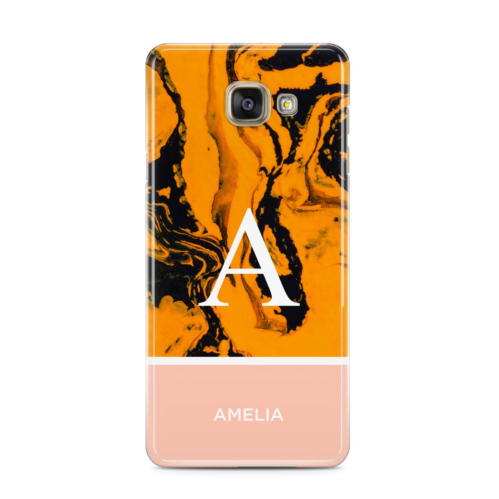 Orange Marble Personalised Samsung Galaxy A3 2016 Case on gold phone