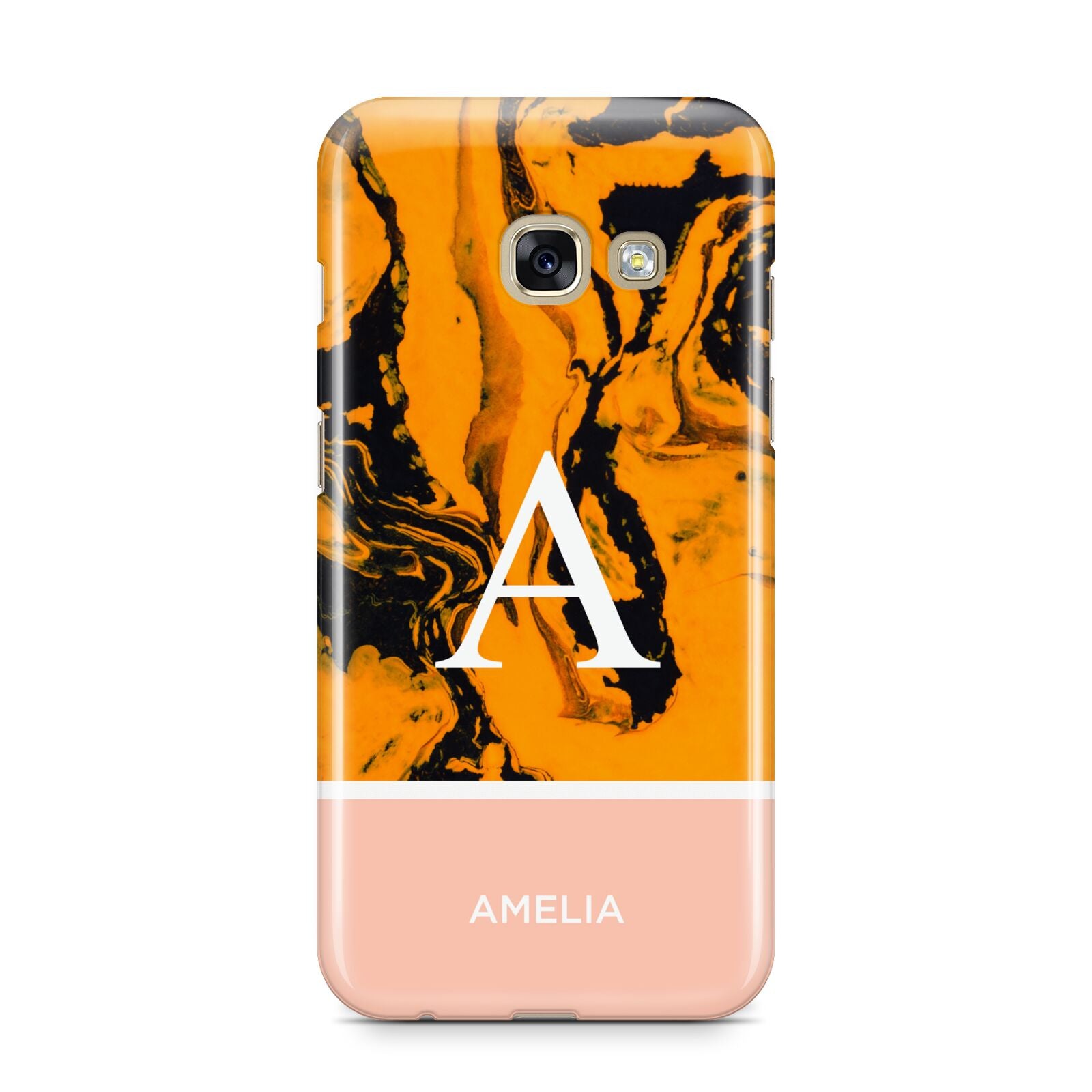 Orange Marble Personalised Samsung Galaxy A3 2017 Case on gold phone