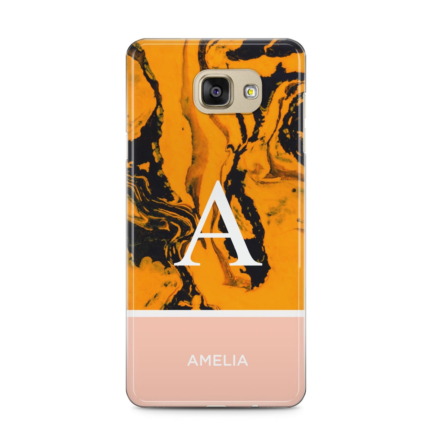 Orange Marble Personalised Samsung Galaxy A5 2016 Case on gold phone