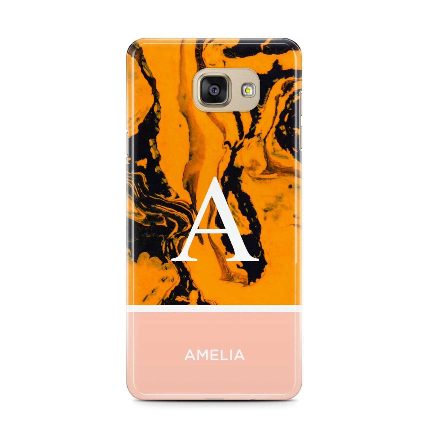 Orange Marble Personalised Samsung Galaxy A7 2016 Case on gold phone