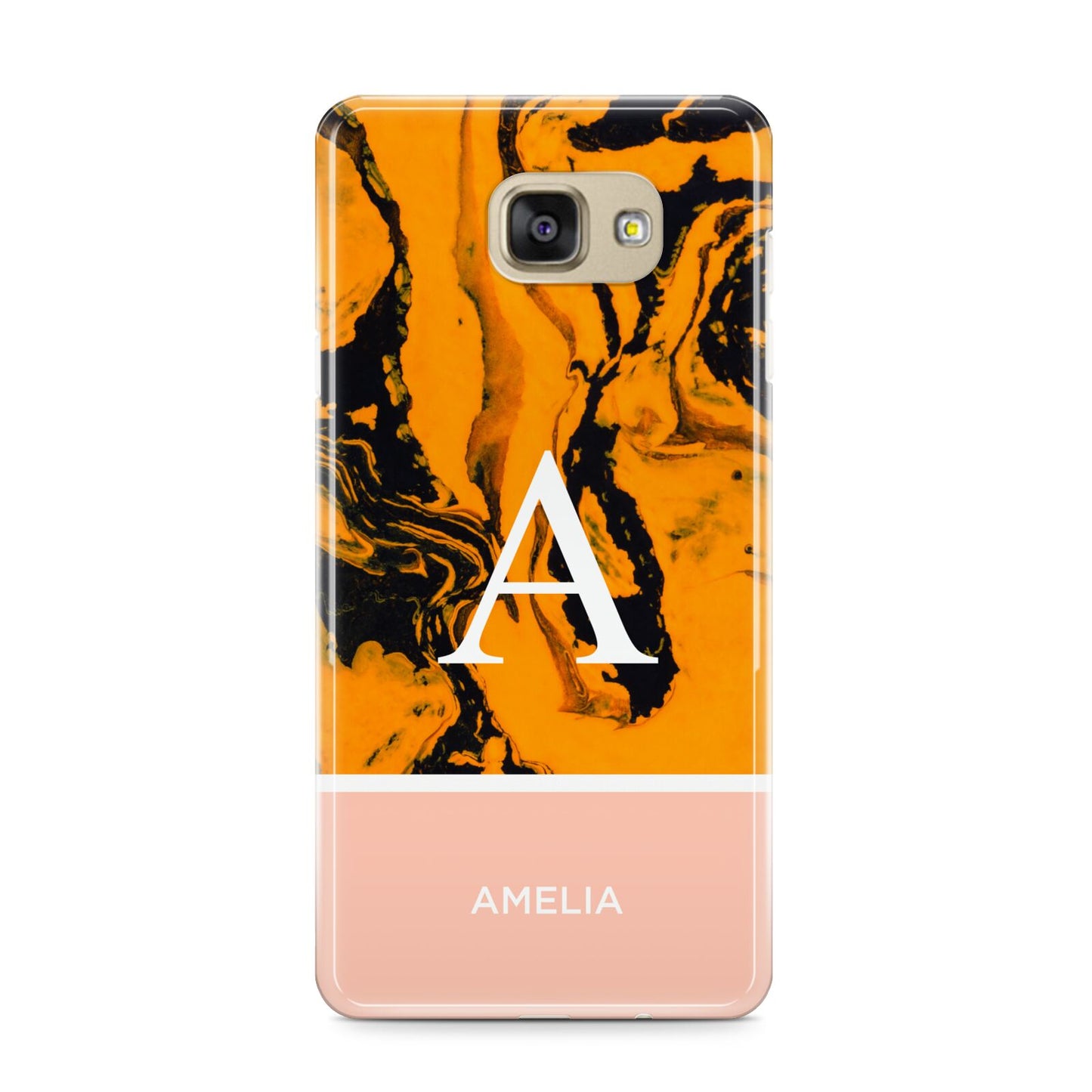 Orange Marble Personalised Samsung Galaxy A9 2016 Case on gold phone