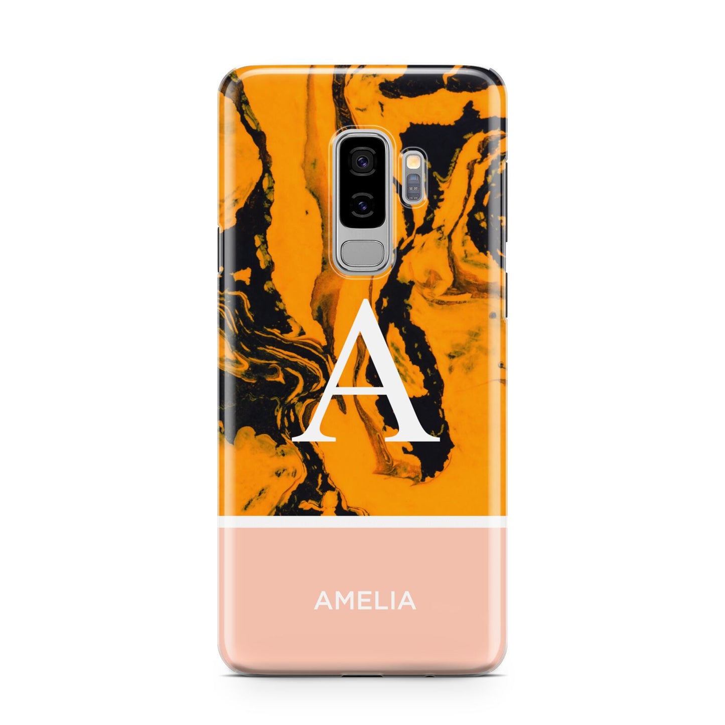 Orange Marble Personalised Samsung Galaxy S9 Plus Case on Silver phone