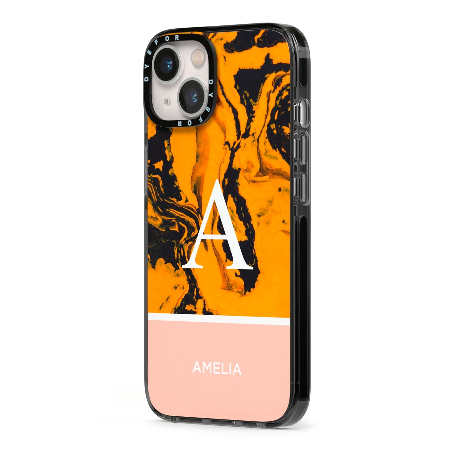 Orange Marble Personalised iPhone 13 Black Impact Case Side Angle on Silver phone