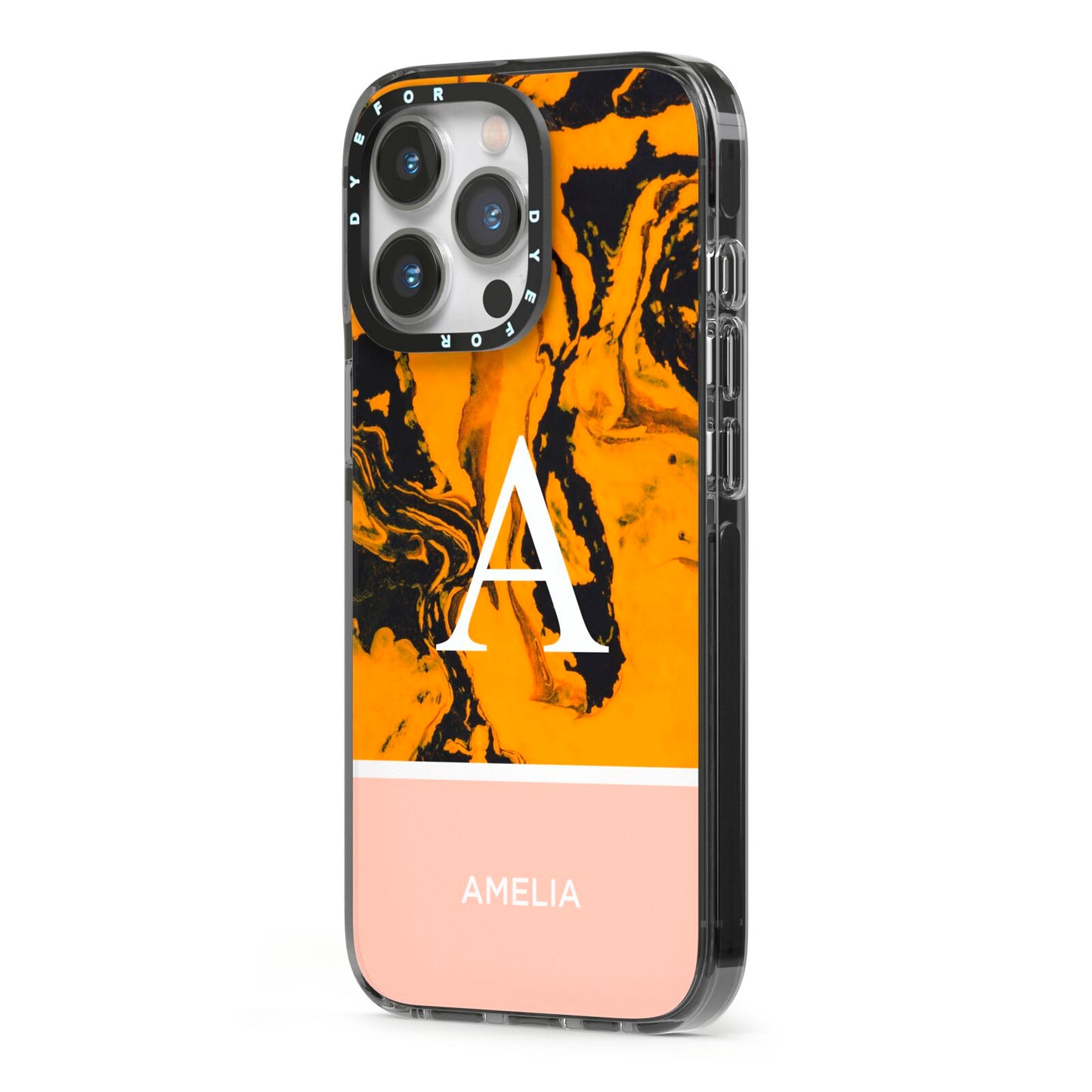 Orange Marble Personalised iPhone 13 Pro Black Impact Case Side Angle on Silver phone