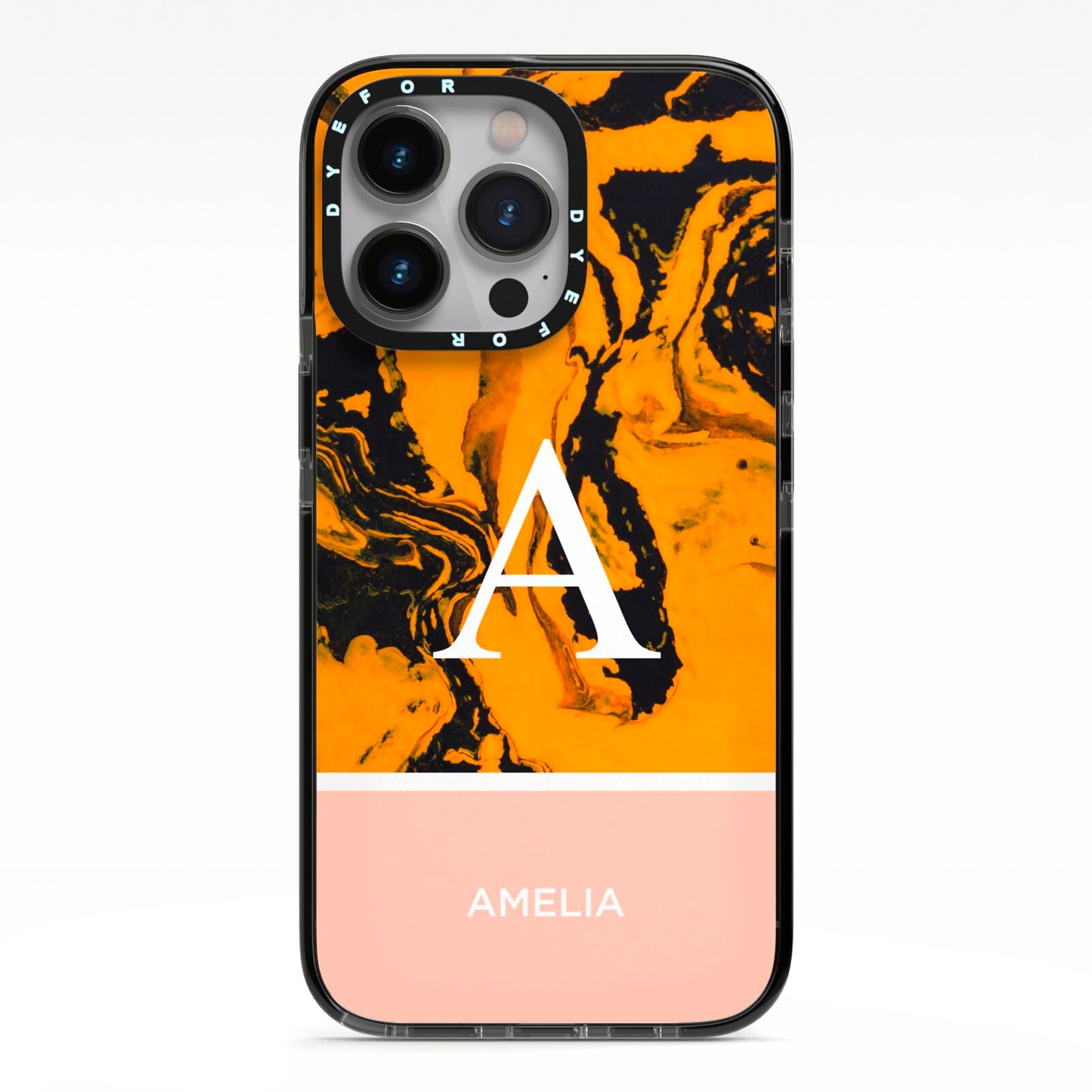Orange Marble Personalised iPhone 13 Pro Black Impact Case on Silver phone
