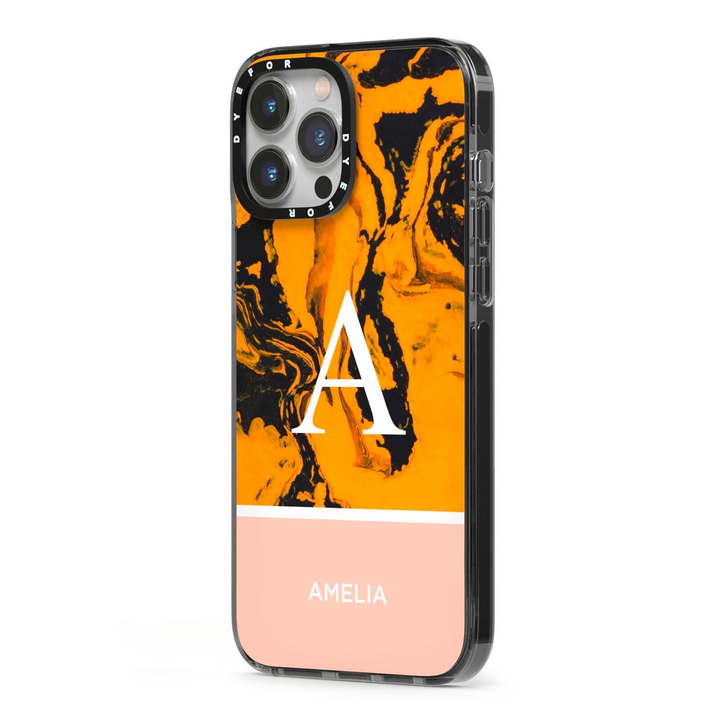 Orange Marble Personalised iPhone 13 Pro Max Black Impact Case Side Angle on Silver phone