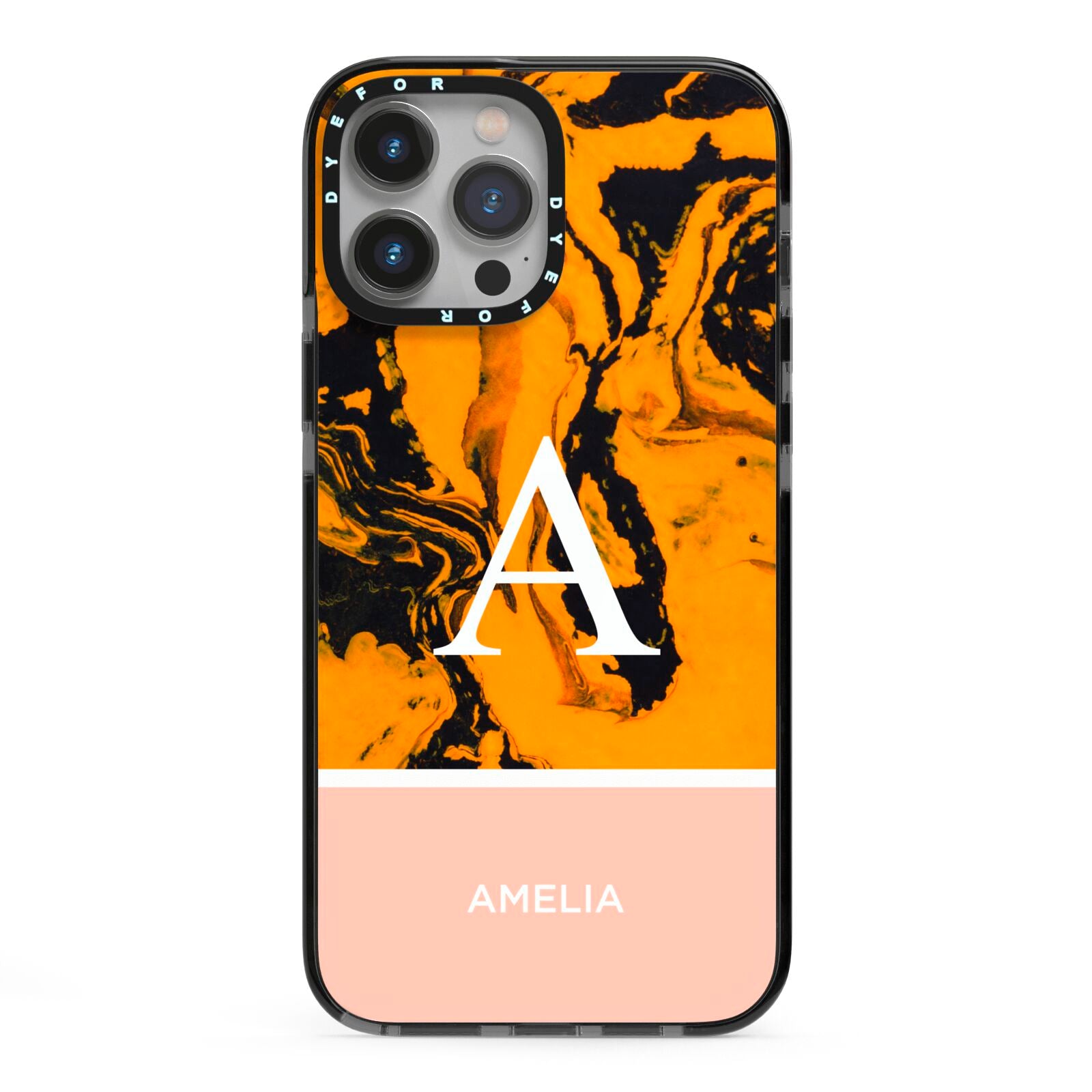 Orange Marble Personalised iPhone 13 Pro Max Black Impact Case on Silver phone