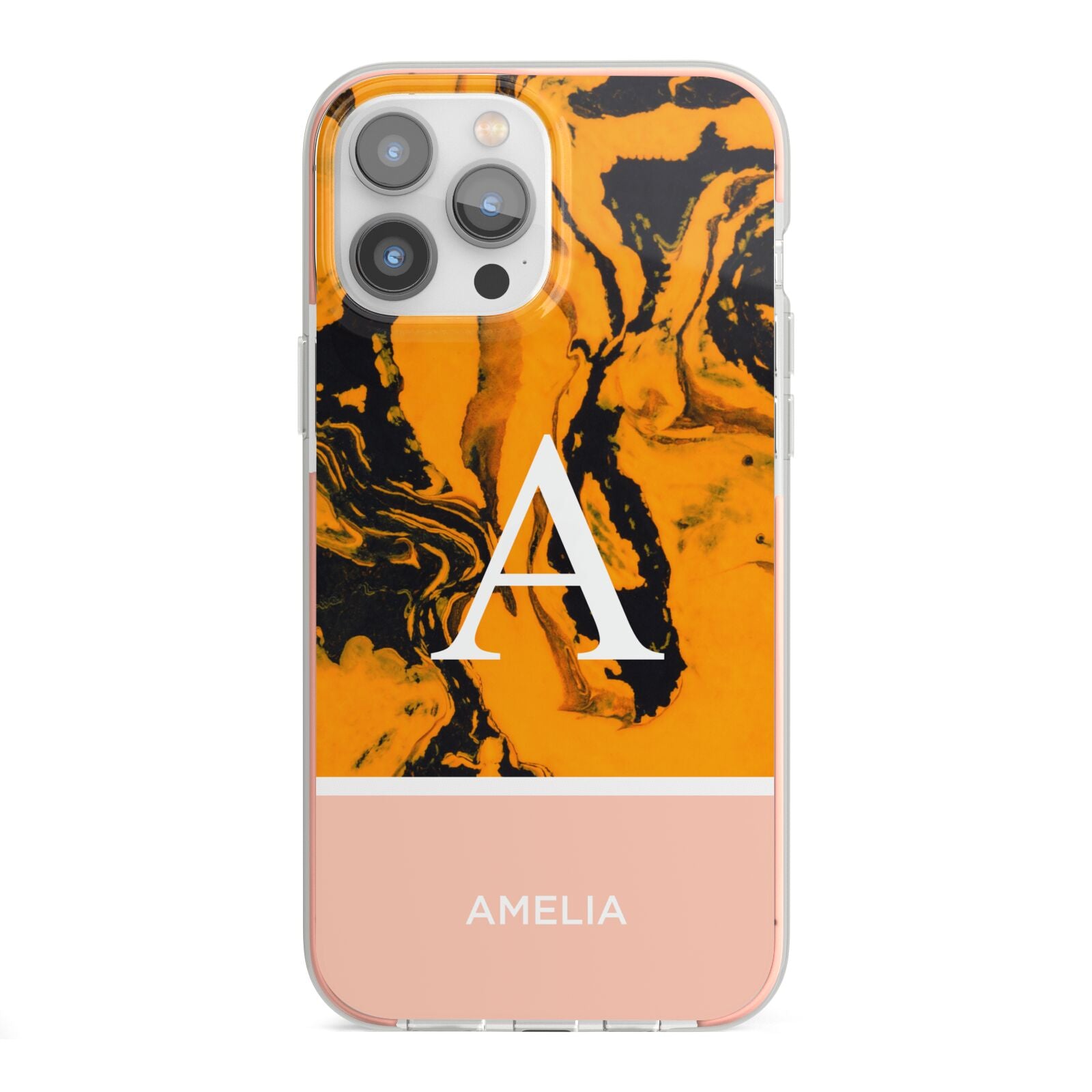 Orange Marble Personalised iPhone 13 Pro Max TPU Impact Case with Pink Edges