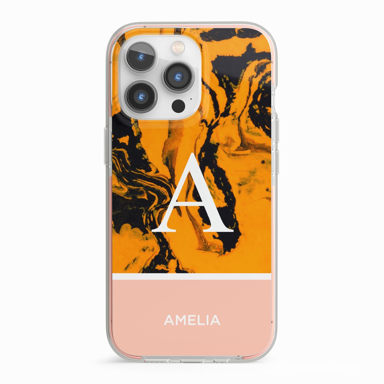 Orange Marble Personalised iPhone 13 Pro TPU Impact Case with Pink Edges