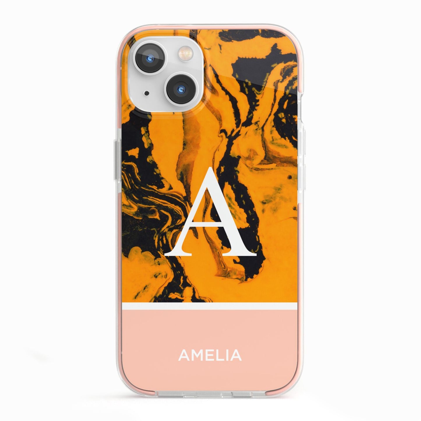 Orange Marble Personalised iPhone 13 TPU Impact Case with Pink Edges