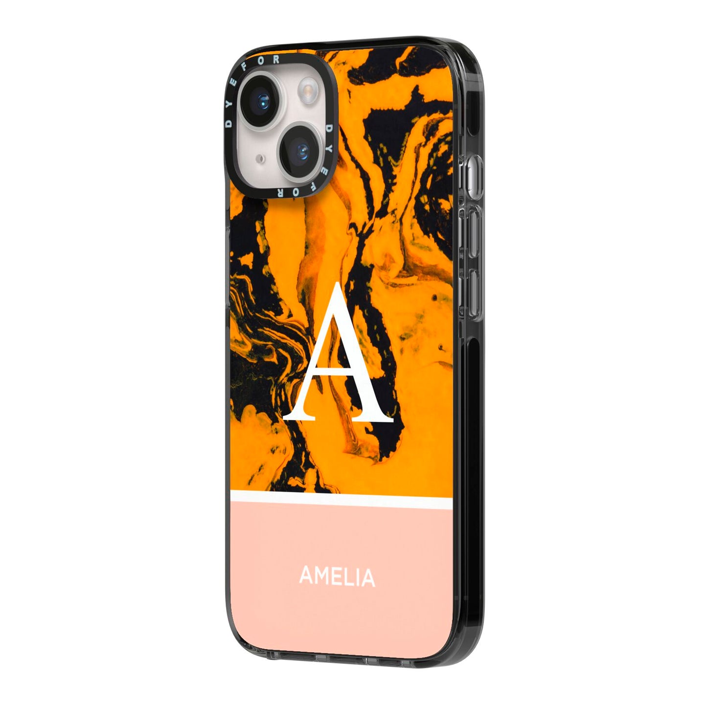 Orange Marble Personalised iPhone 14 Black Impact Case Side Angle on Silver phone