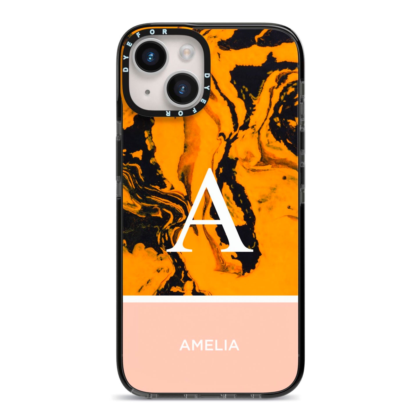 Orange Marble Personalised iPhone 14 Black Impact Case on Silver phone