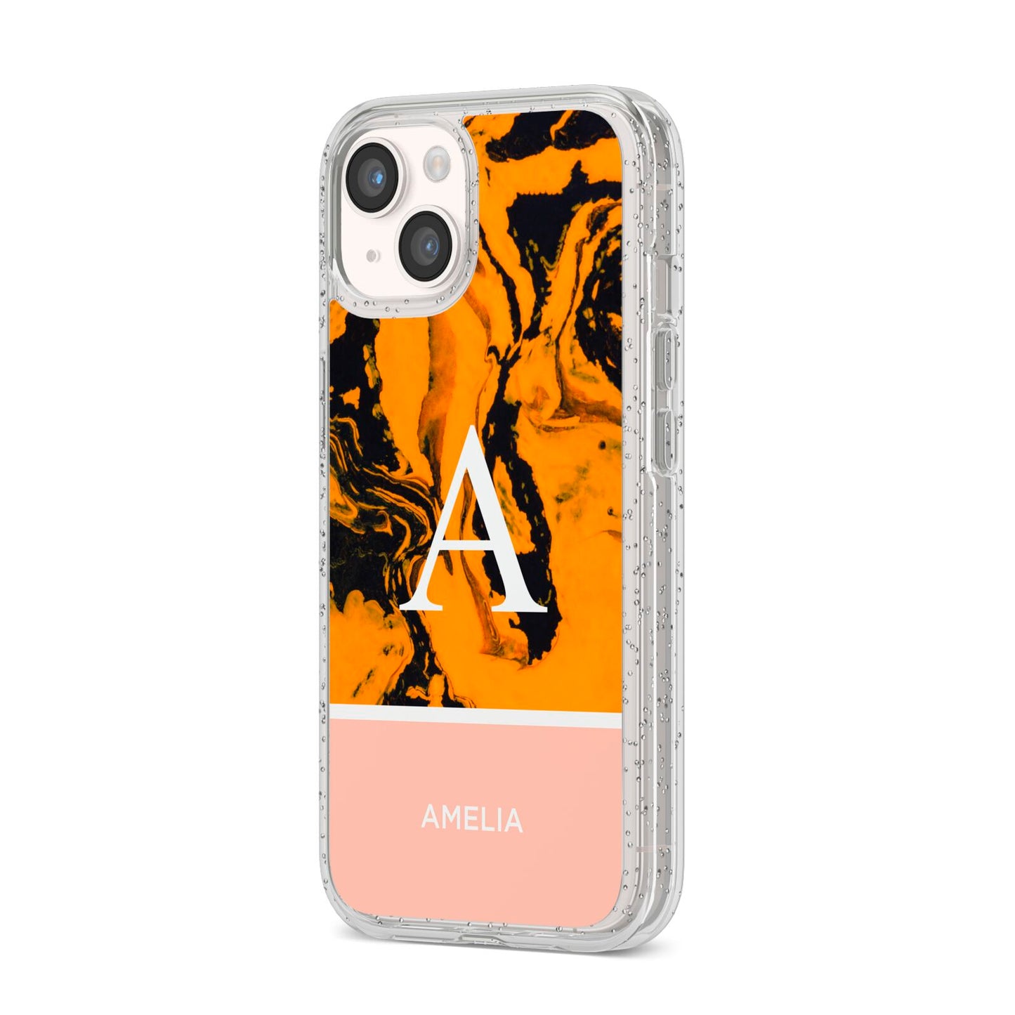 Orange Marble Personalised iPhone 14 Glitter Tough Case Starlight Angled Image