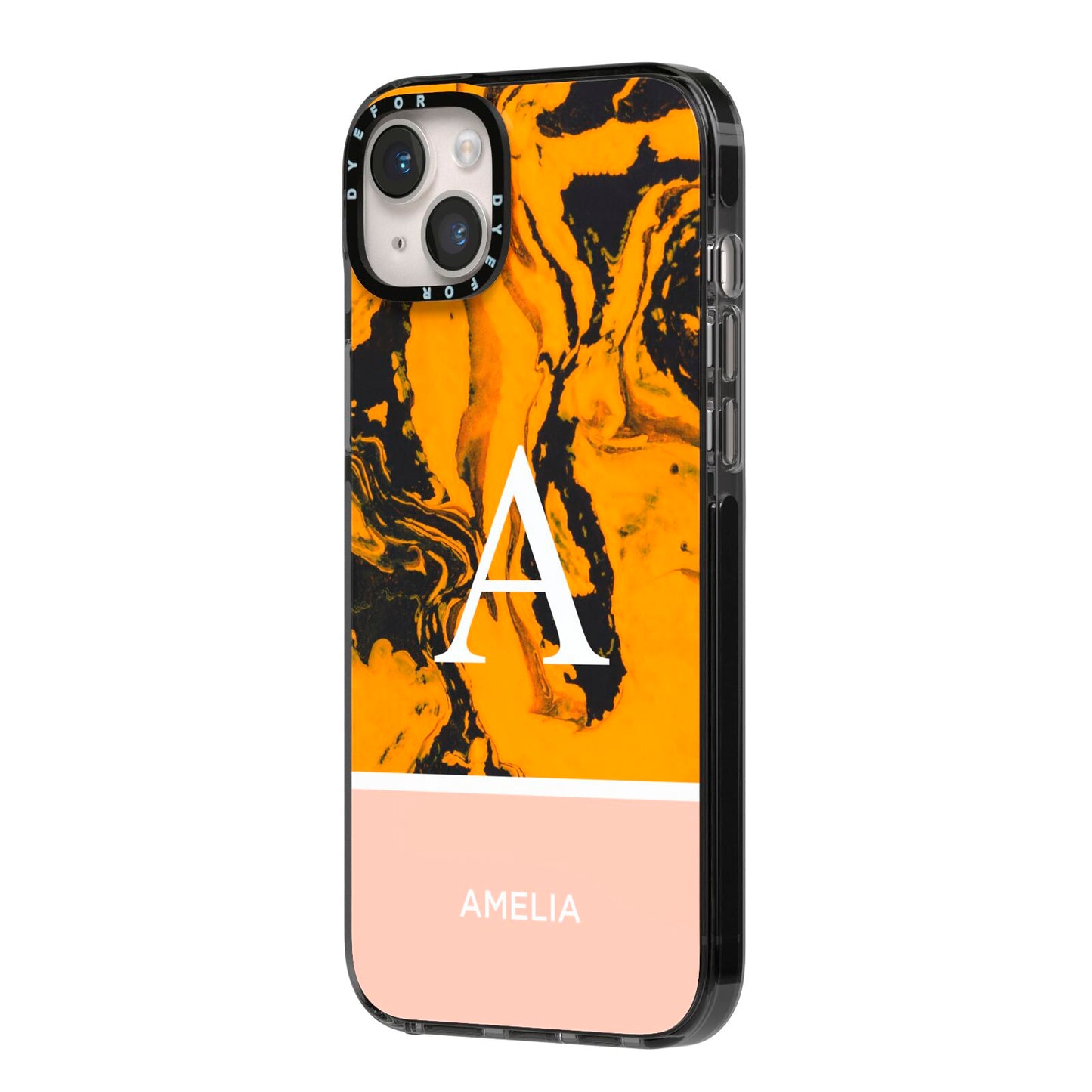 Orange Marble Personalised iPhone 14 Plus Black Impact Case Side Angle on Silver phone