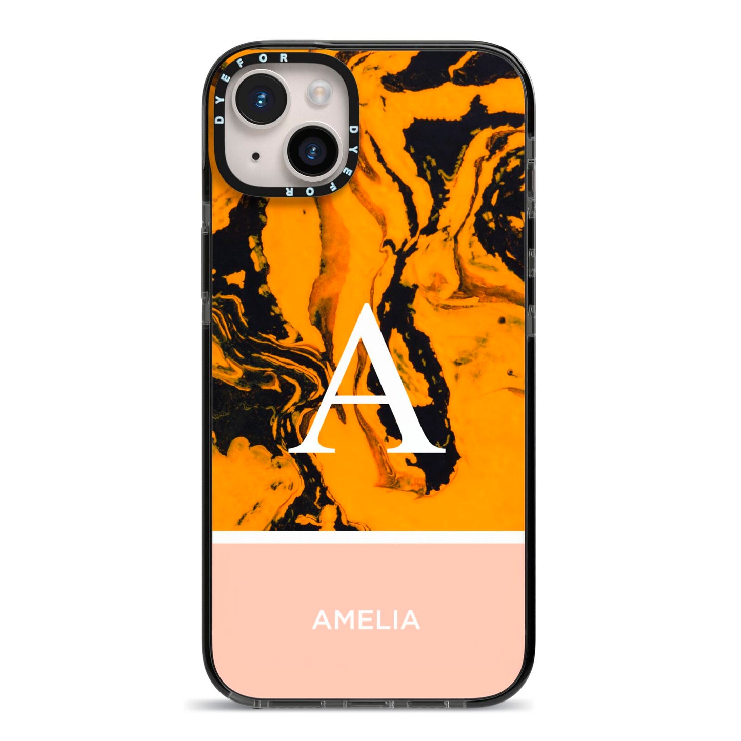 Orange Marble Personalised iPhone 14 Plus Black Impact Case on Silver phone