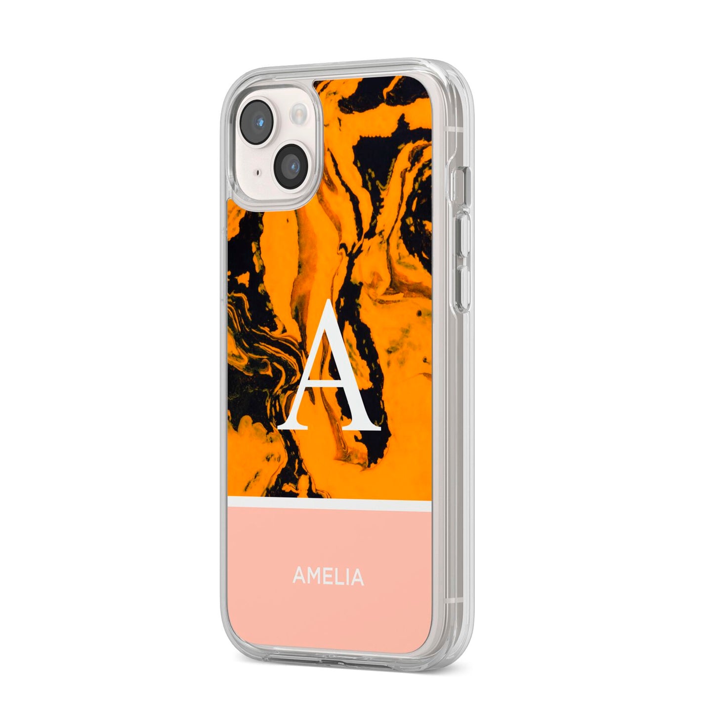 Orange Marble Personalised iPhone 14 Plus Clear Tough Case Starlight Angled Image