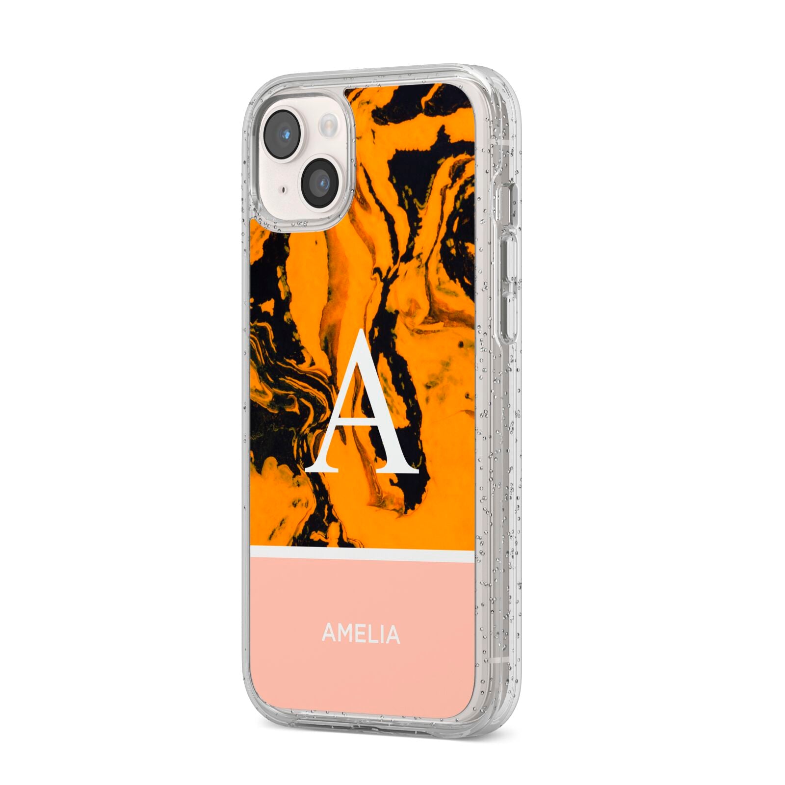 Orange Marble Personalised iPhone 14 Plus Glitter Tough Case Starlight Angled Image