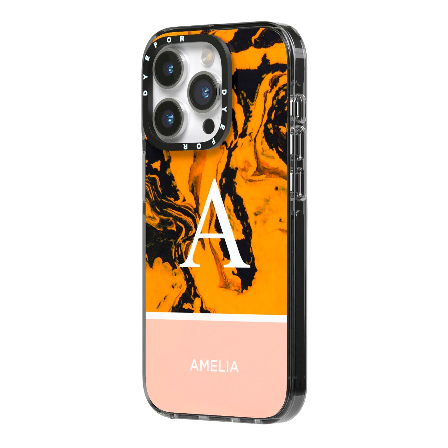 Orange Marble Personalised iPhone 14 Pro Black Impact Case Side Angle on Silver phone