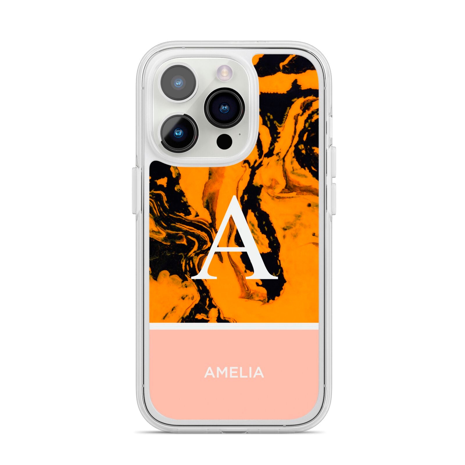 Orange Marble Personalised iPhone 14 Pro Clear Tough Case Silver