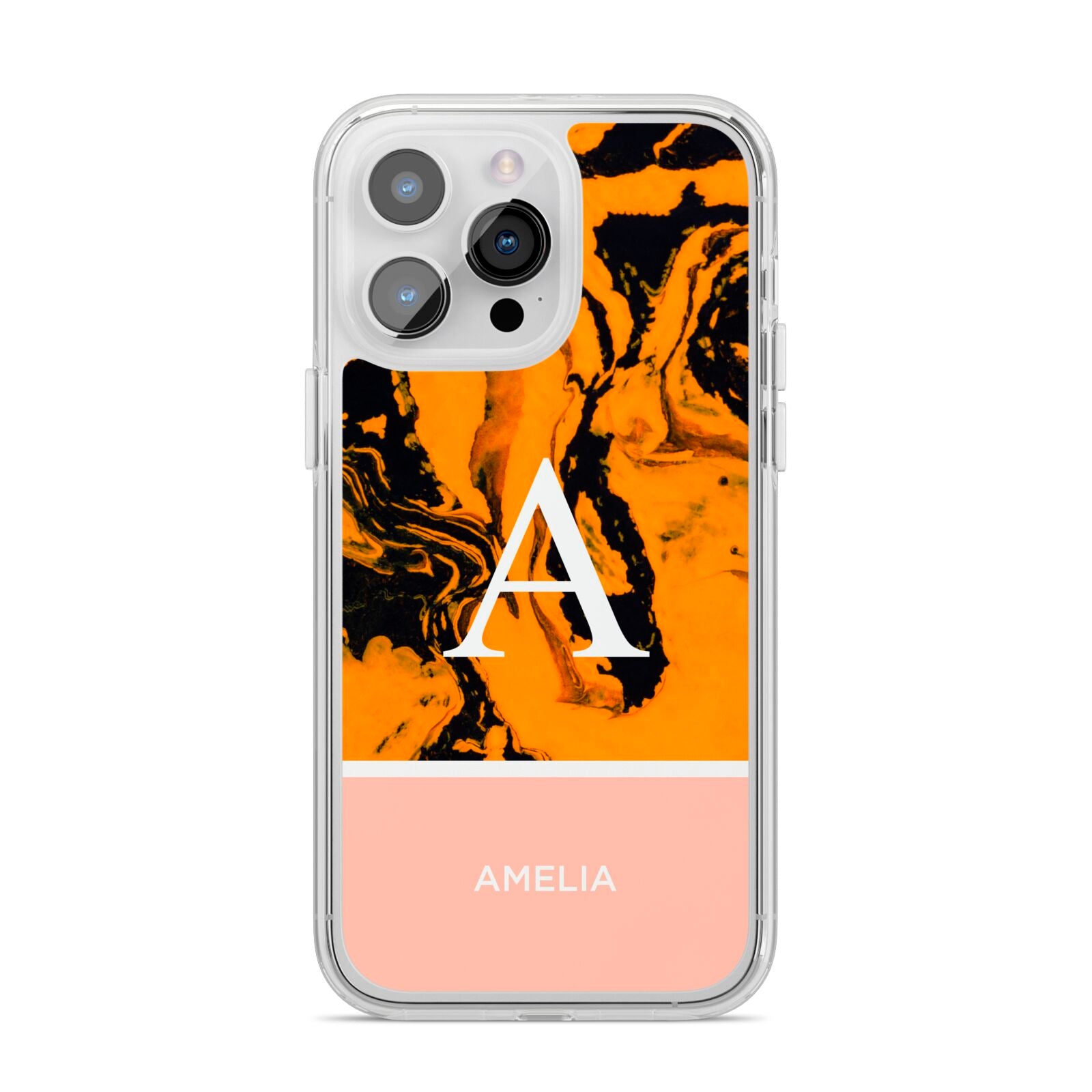 Orange Marble Personalised iPhone 14 Pro Max Clear Tough Case Silver