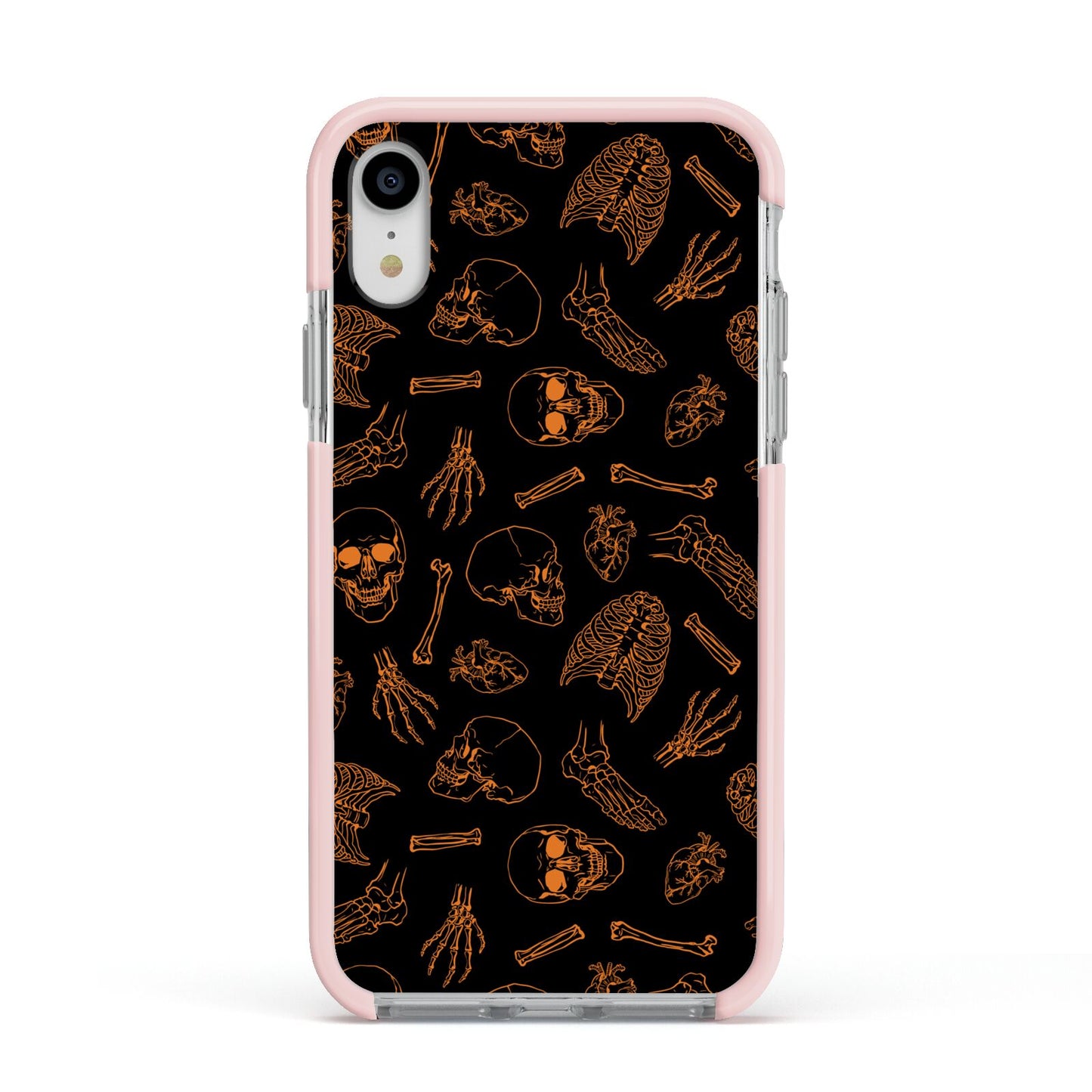 Orange Skeleton Illustrations Apple iPhone XR Impact Case Pink Edge on Silver Phone