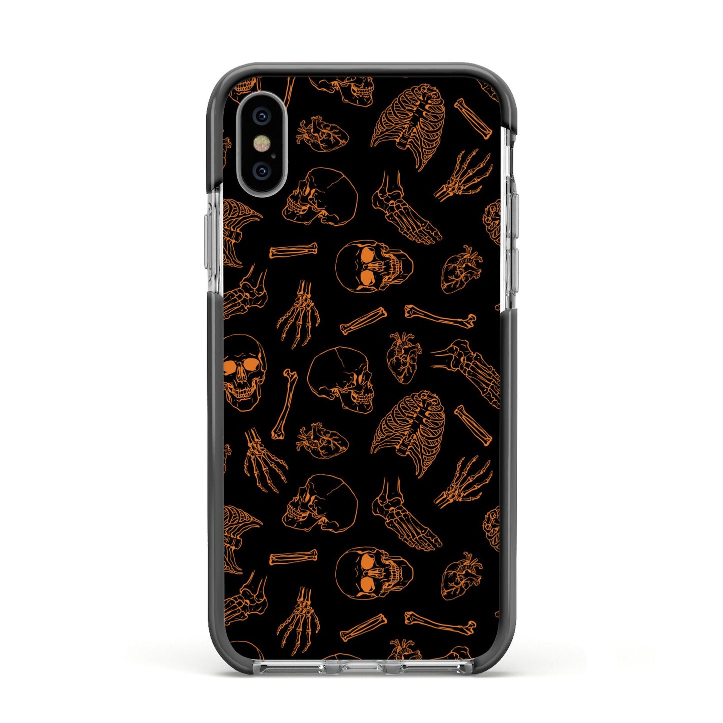 Orange Skeleton Illustrations Apple iPhone Xs Impact Case Black Edge on Silver Phone