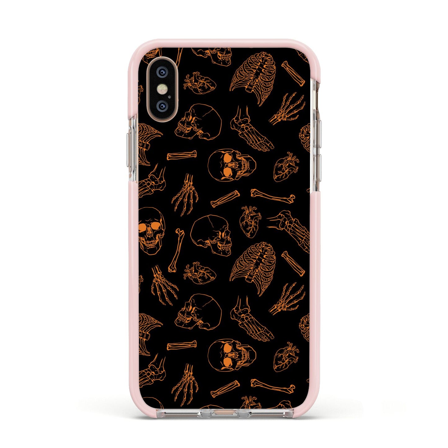 Orange Skeleton Illustrations Apple iPhone Xs Impact Case Pink Edge on Gold Phone