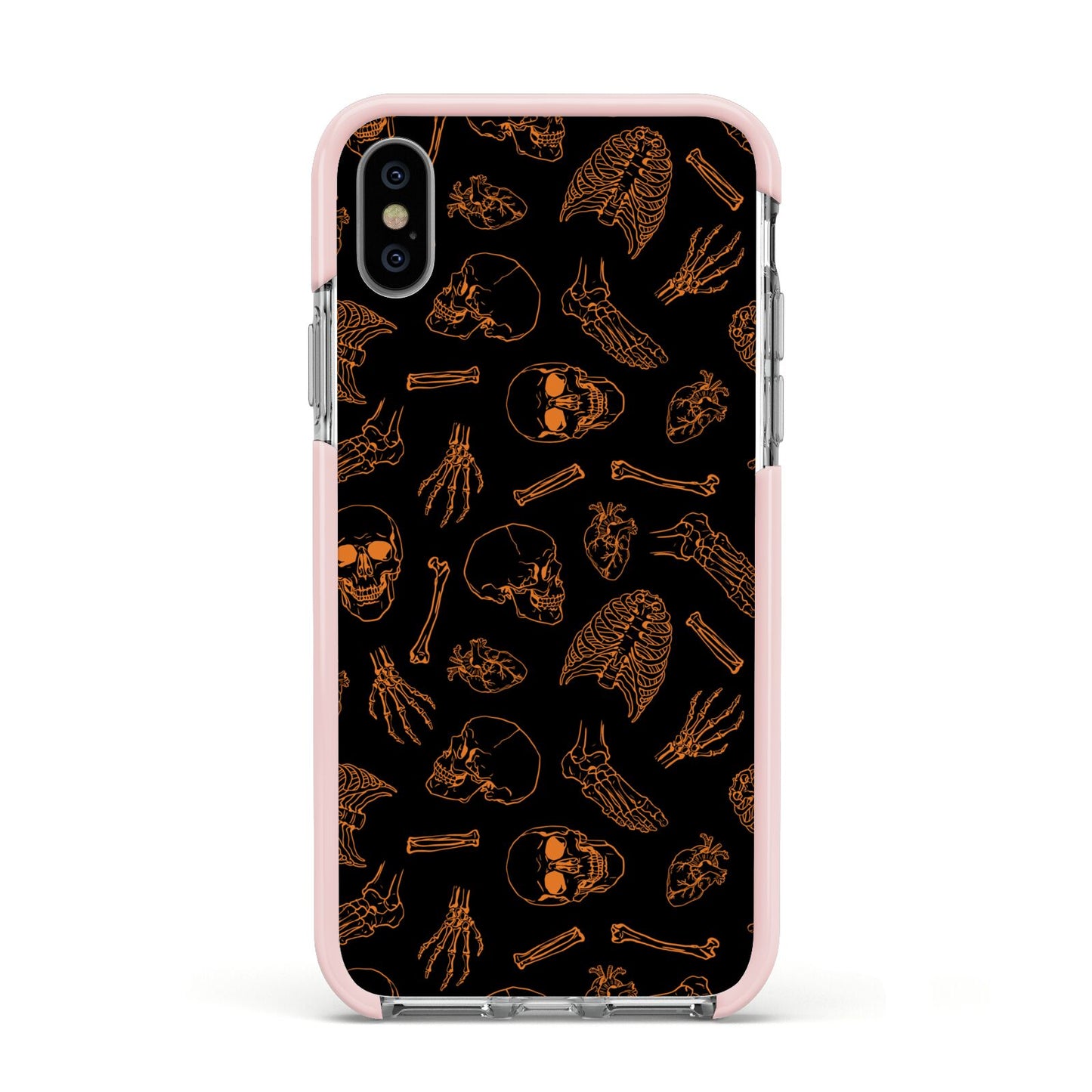 Orange Skeleton Illustrations Apple iPhone Xs Impact Case Pink Edge on Silver Phone