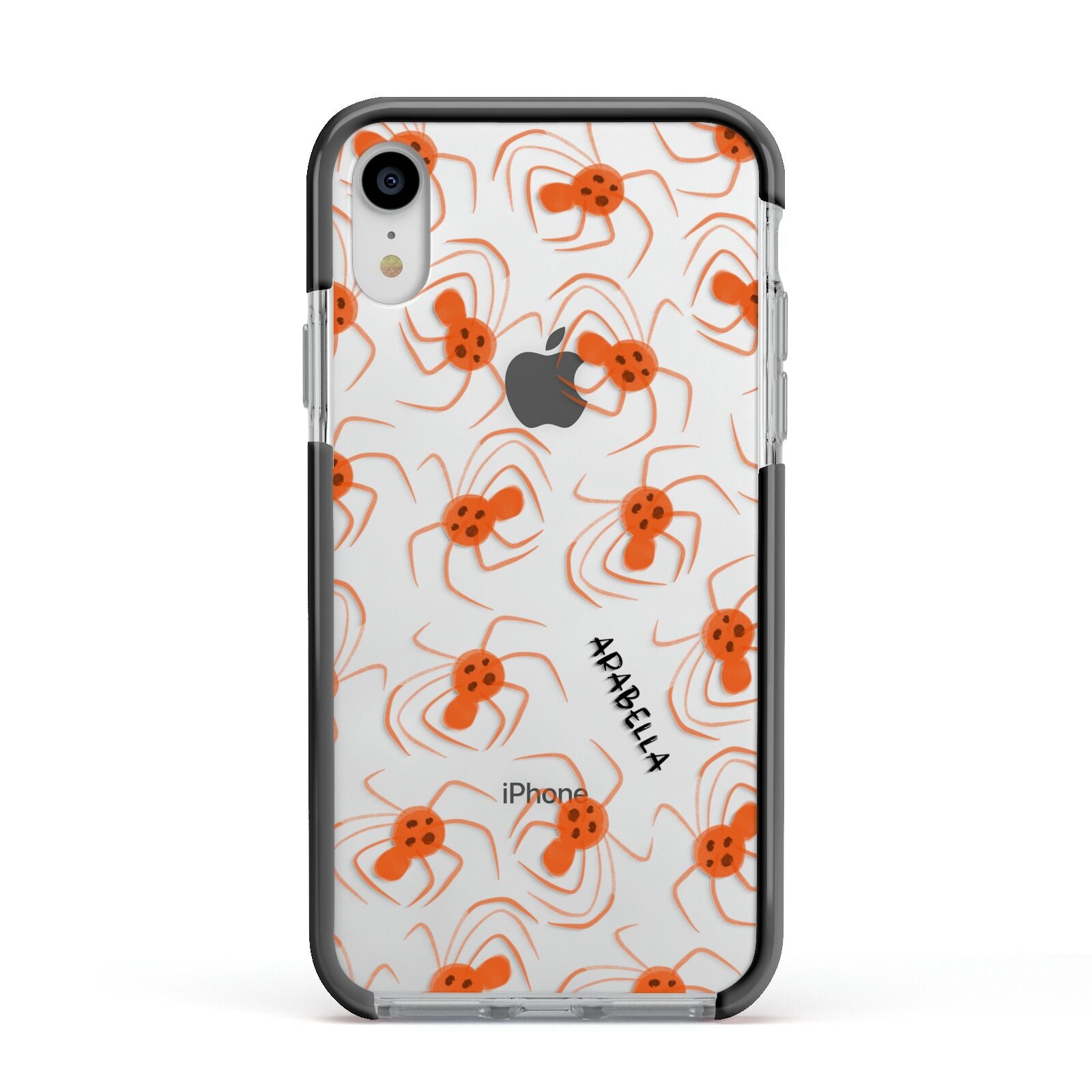 Orange Spiders Personalised Apple iPhone XR Impact Case Black Edge on Silver Phone