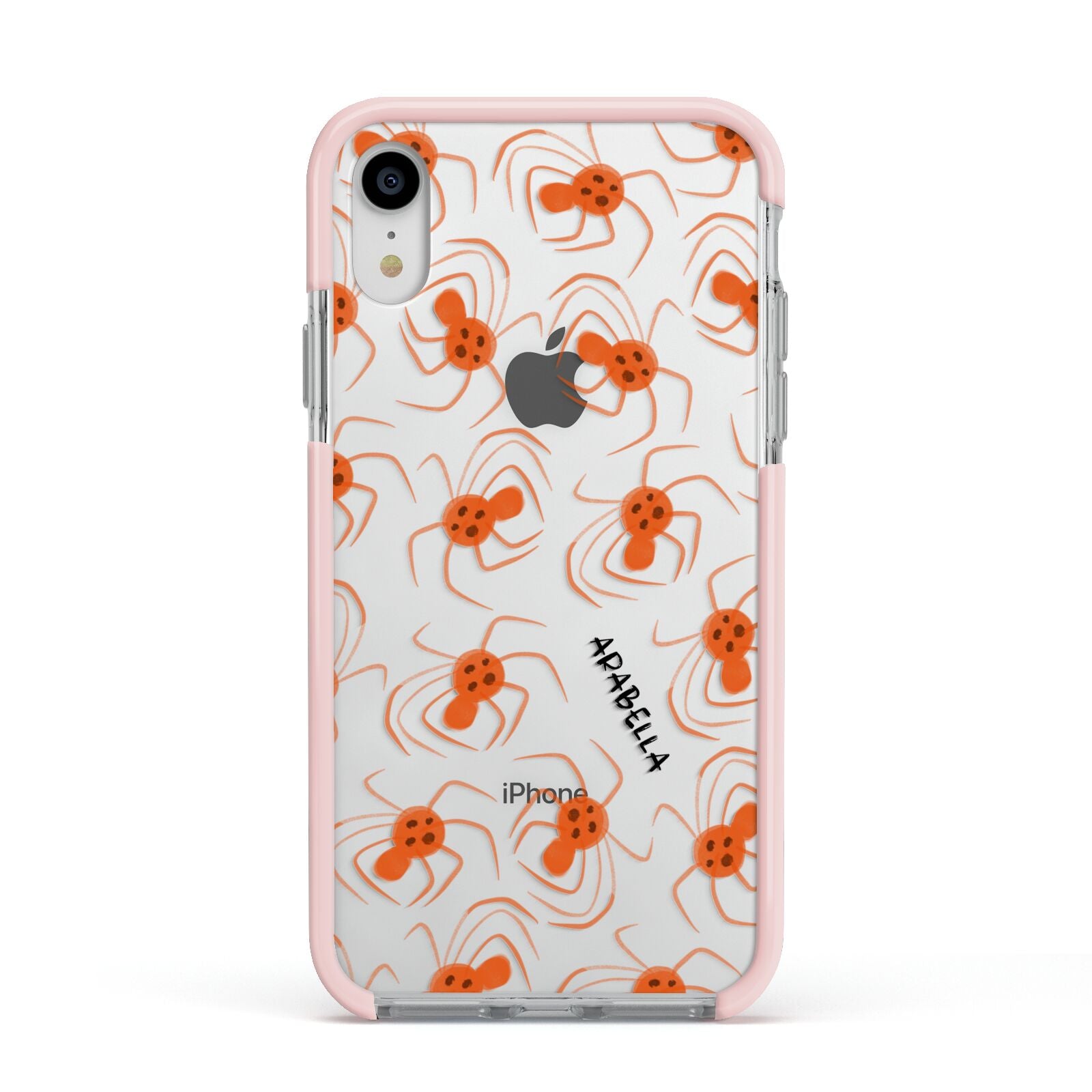 Orange Spiders Personalised Apple iPhone XR Impact Case Pink Edge on Silver Phone