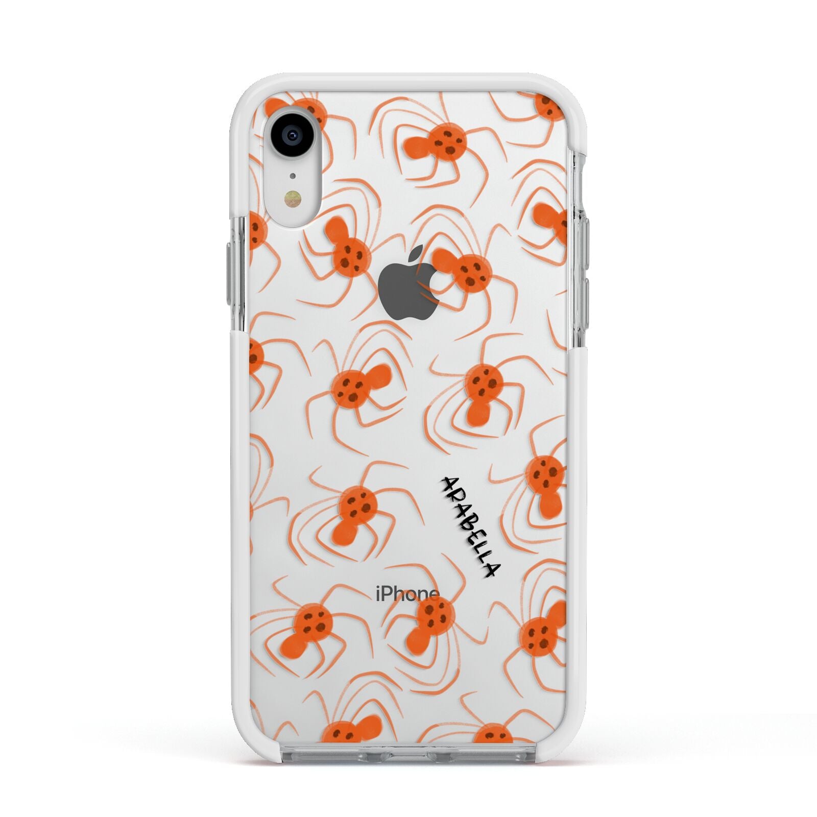 Orange Spiders Personalised Apple iPhone XR Impact Case White Edge on Silver Phone