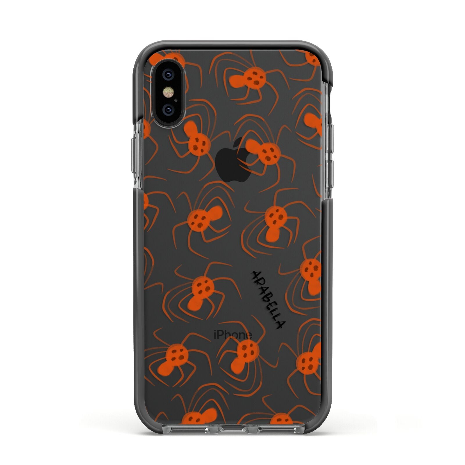 Orange Spiders Personalised Apple iPhone Xs Impact Case Black Edge on Black Phone