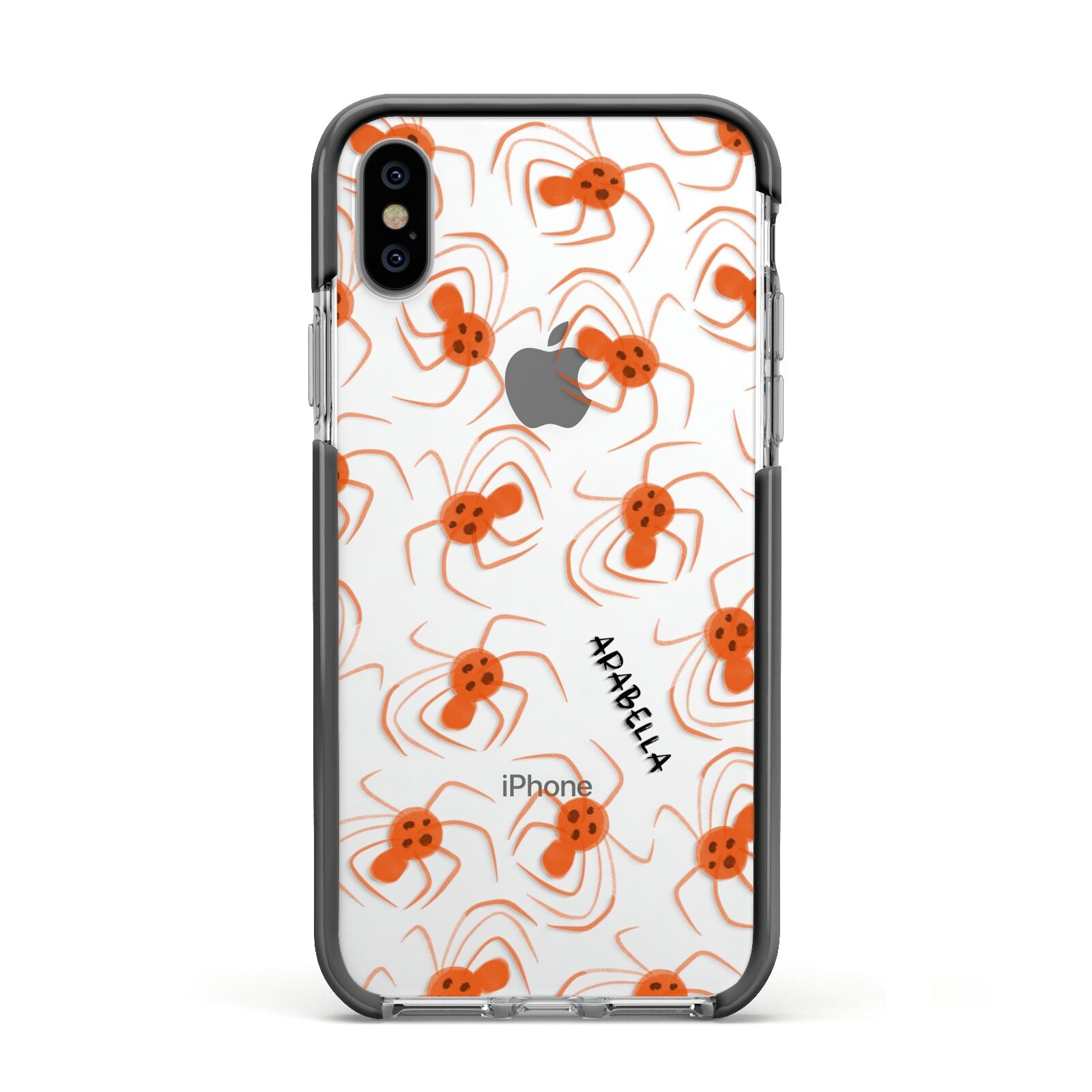 Orange Spiders Personalised Apple iPhone Xs Impact Case Black Edge on Silver Phone