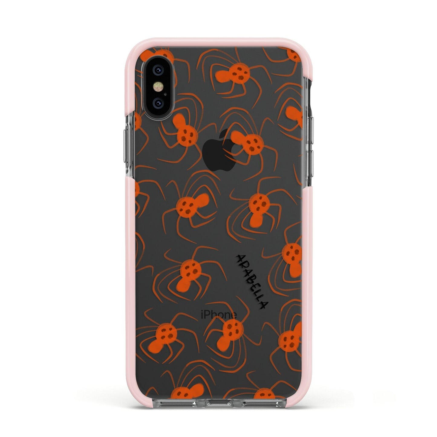 Orange Spiders Personalised Apple iPhone Xs Impact Case Pink Edge on Black Phone