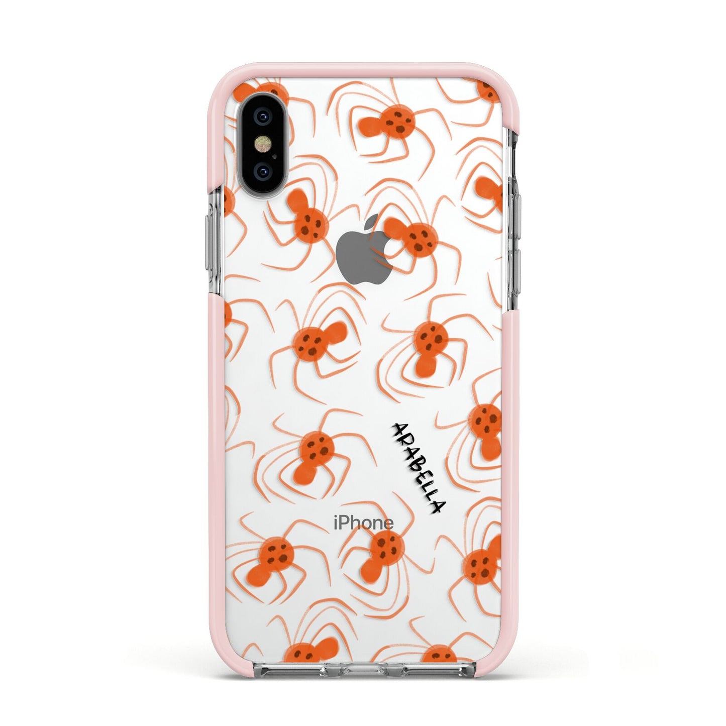 Orange Spiders Personalised Apple iPhone Xs Impact Case Pink Edge on Silver Phone